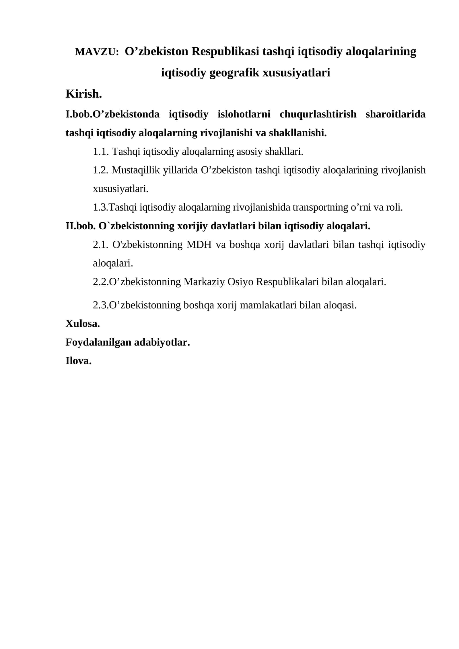 O’zbekiston Respublikasi tashqi iqtisodiy aloqalarining iqtisodiy geografik xususiyatlari 1