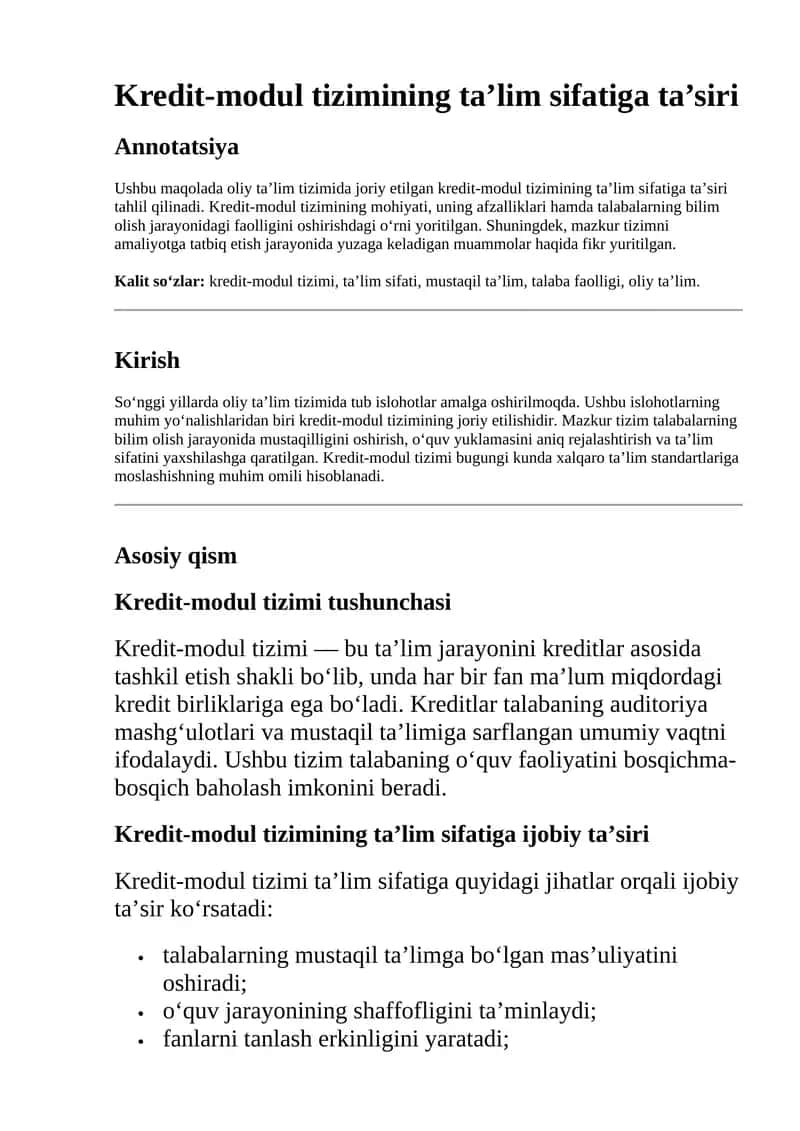 Kredit-modul tizimining ta’lim sifatiga ta’siri 1