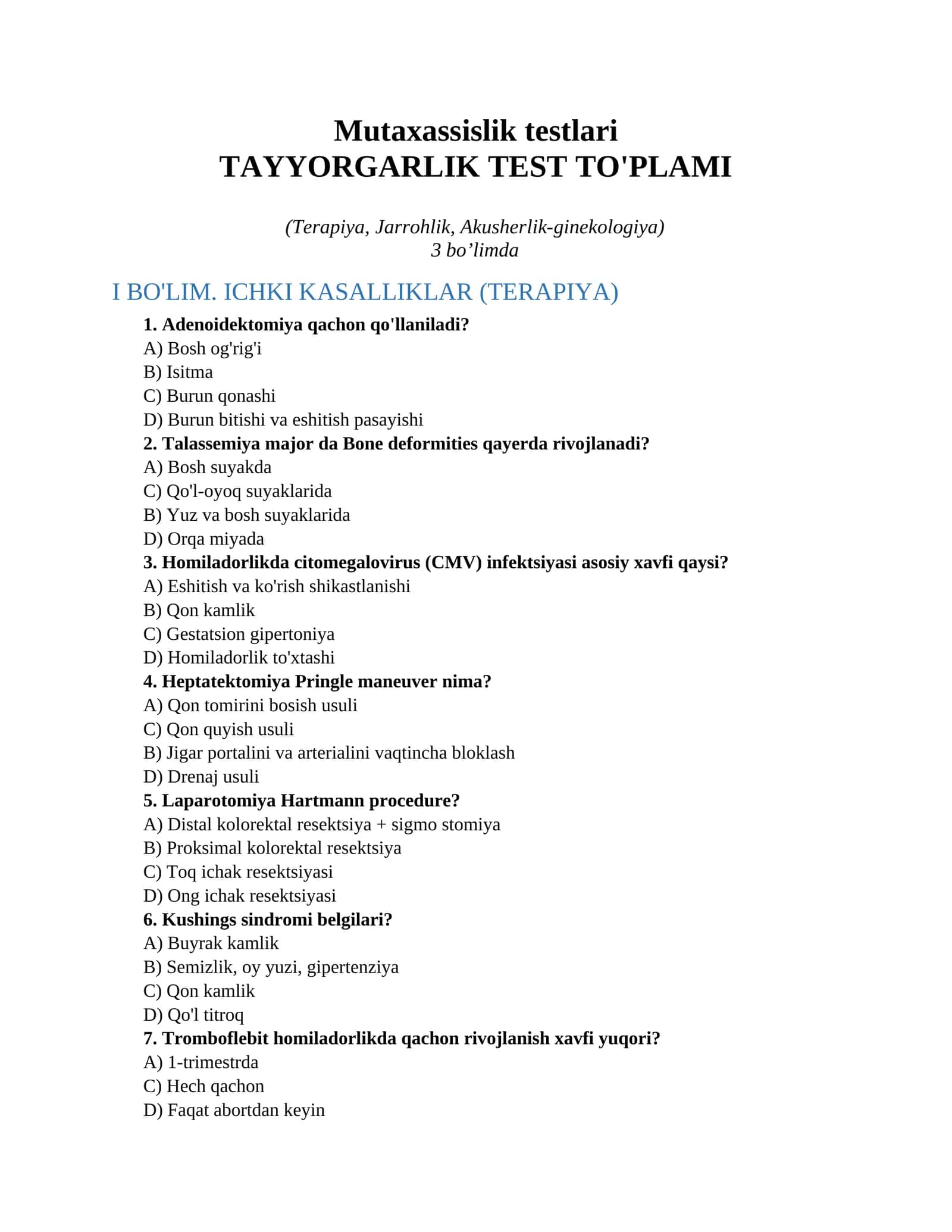 Mutaxassislik testlari 1