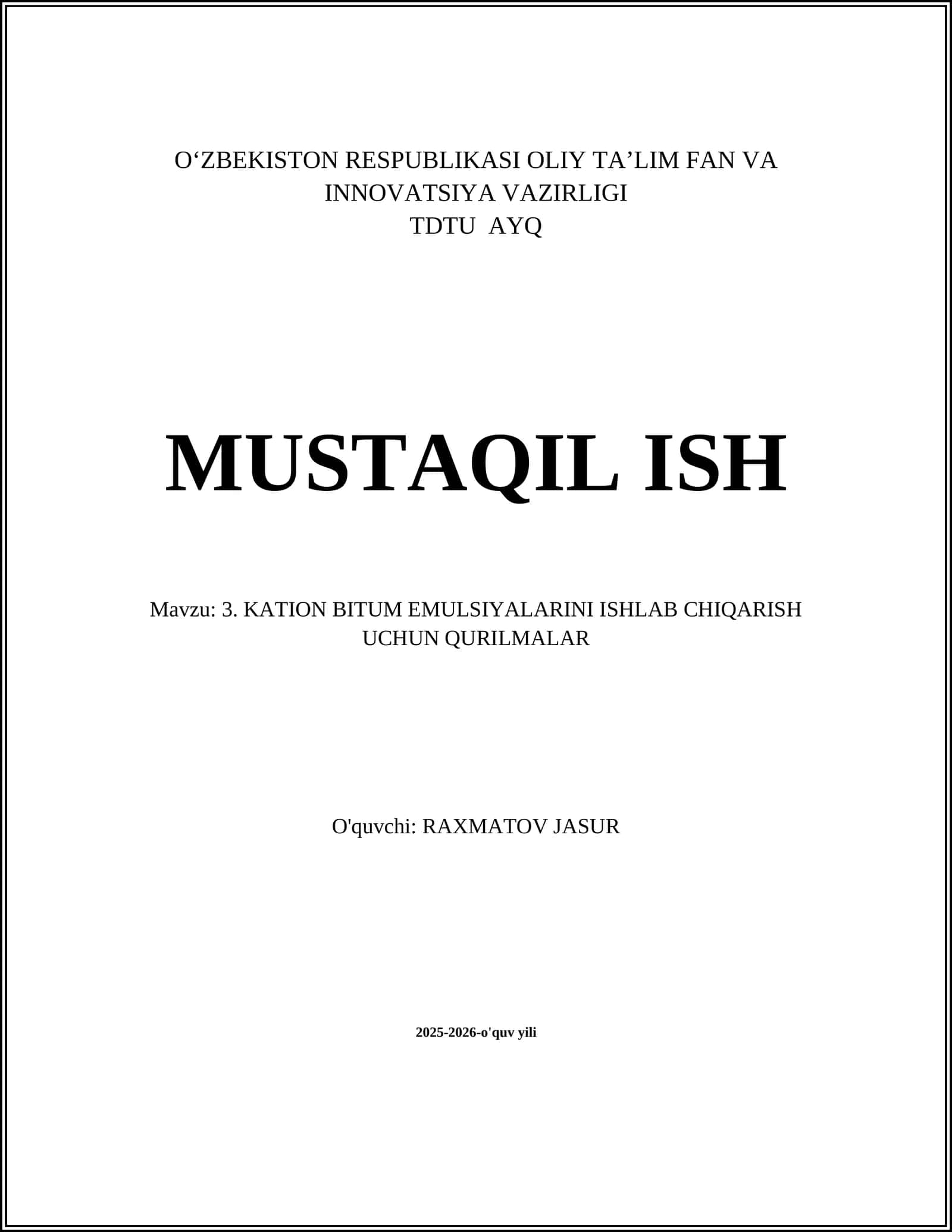 Kation bitum emulsiyalarini ishlab chiqarish uchun qurilmalar dizayni 1