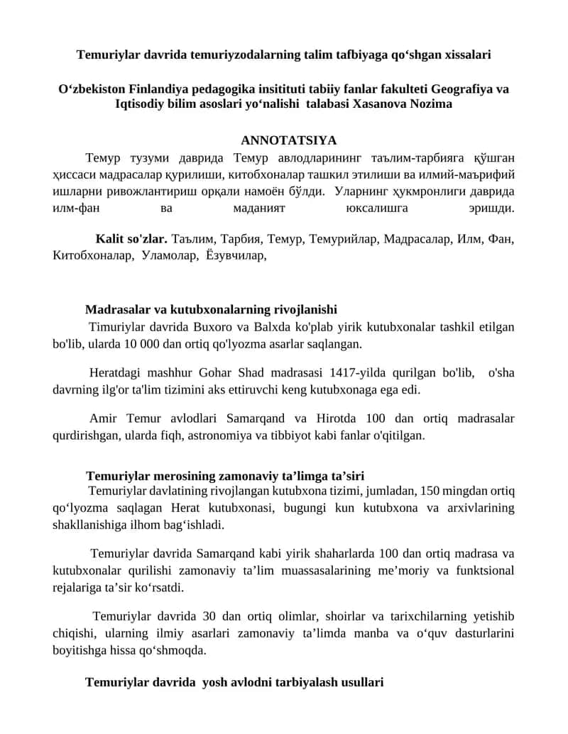 Temuriylar davrida temuriyzodalarning talim tafbiyaga qoʻshgan xissalari 1