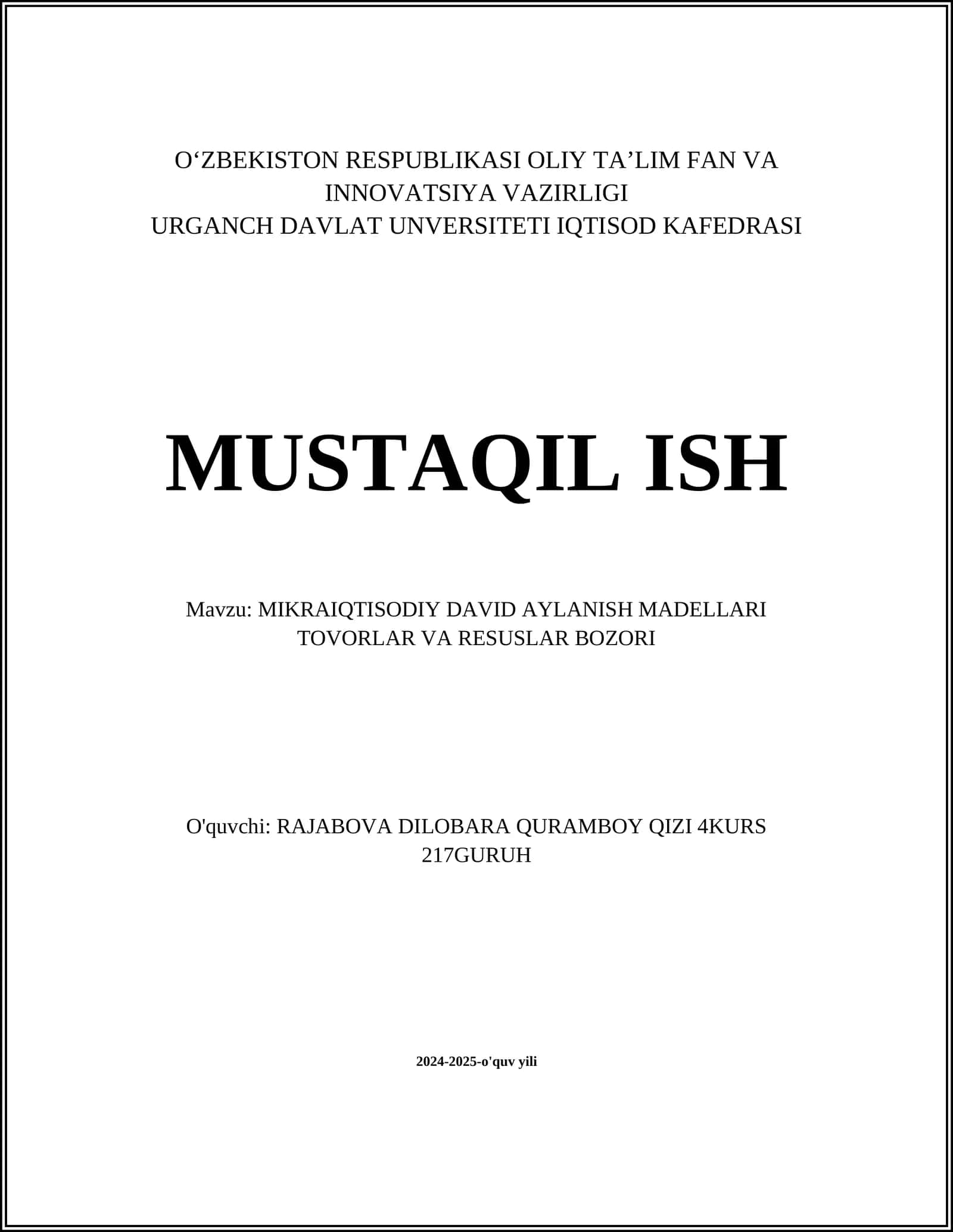 MIKRAIQTISODIY DAVID AYLANISH MADELLARI TOVORLAR VA RESUSLAR BOZORI 1