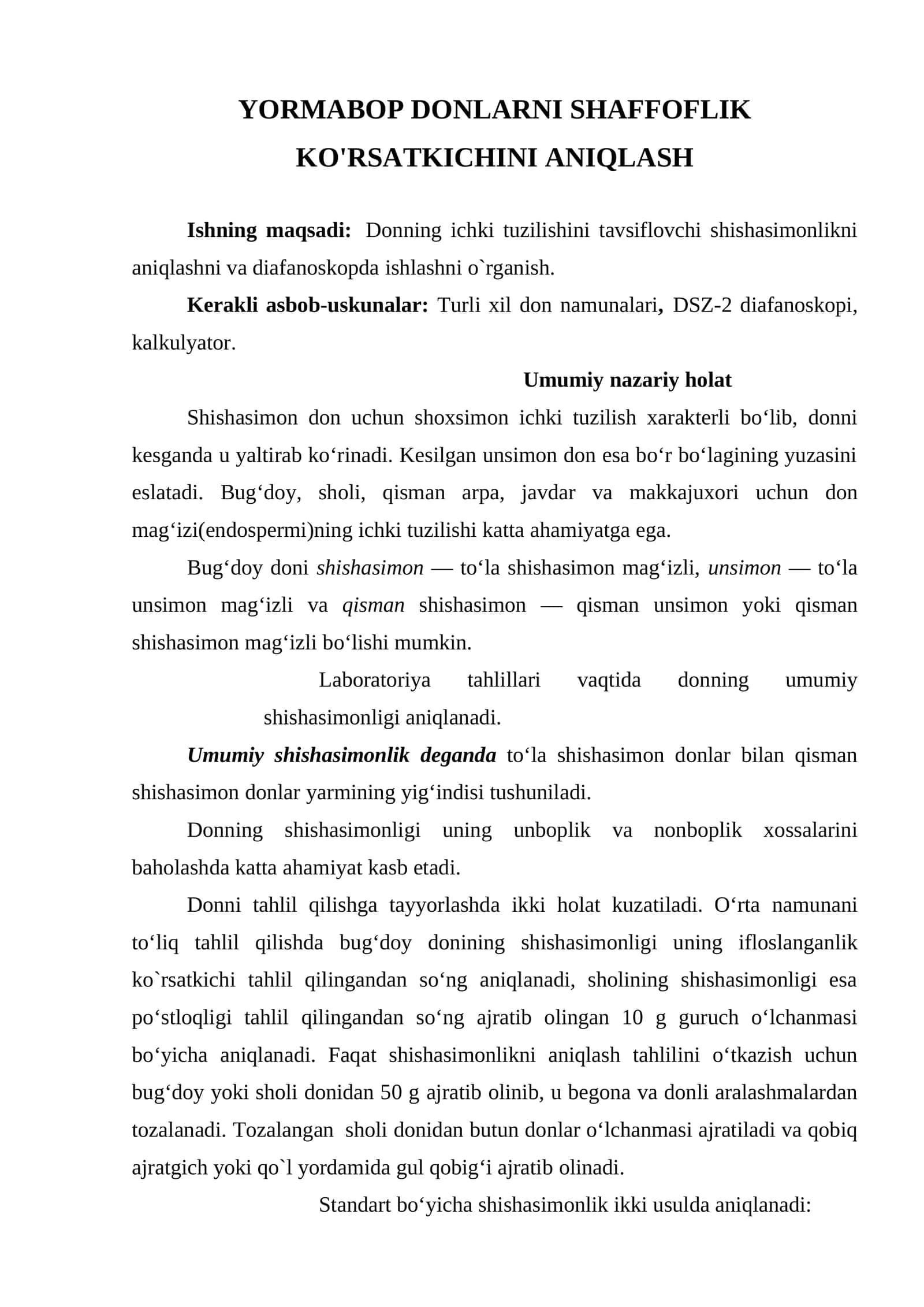 YORMABOP DONLARNI SHAFFOFLIK KO'RSATKICHINI ANIQLASH 1