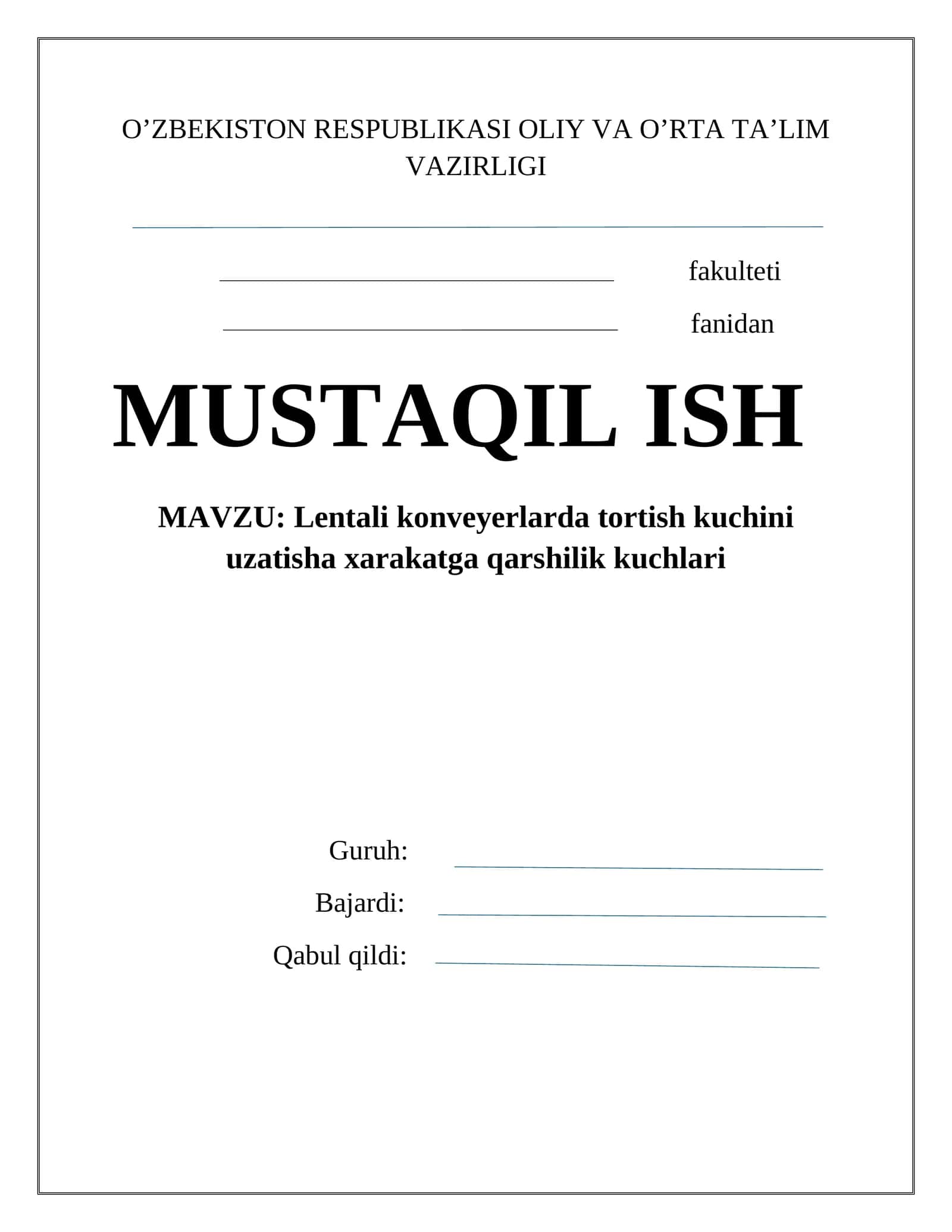 Lentali konveyerlarda tortish kuchini uzatisha xarakatga qarshilik kuchlari 1