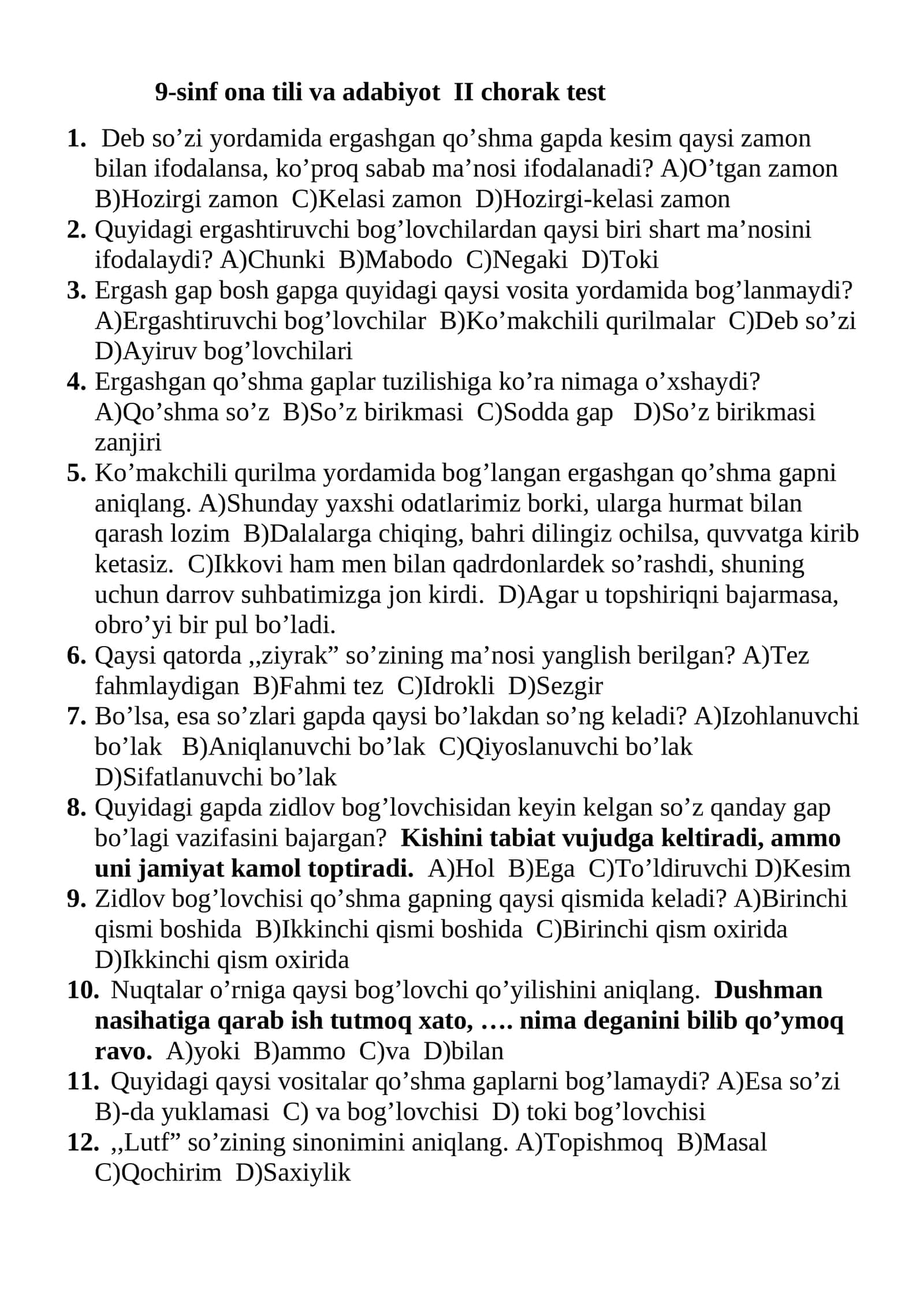 9-sinf ona tili va adabiyot II chorak test 1