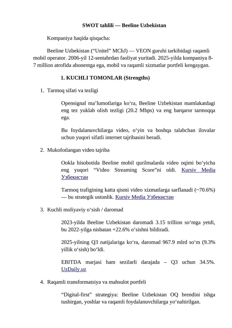 SWOT tahlili — Beeline Uzbekistan 1