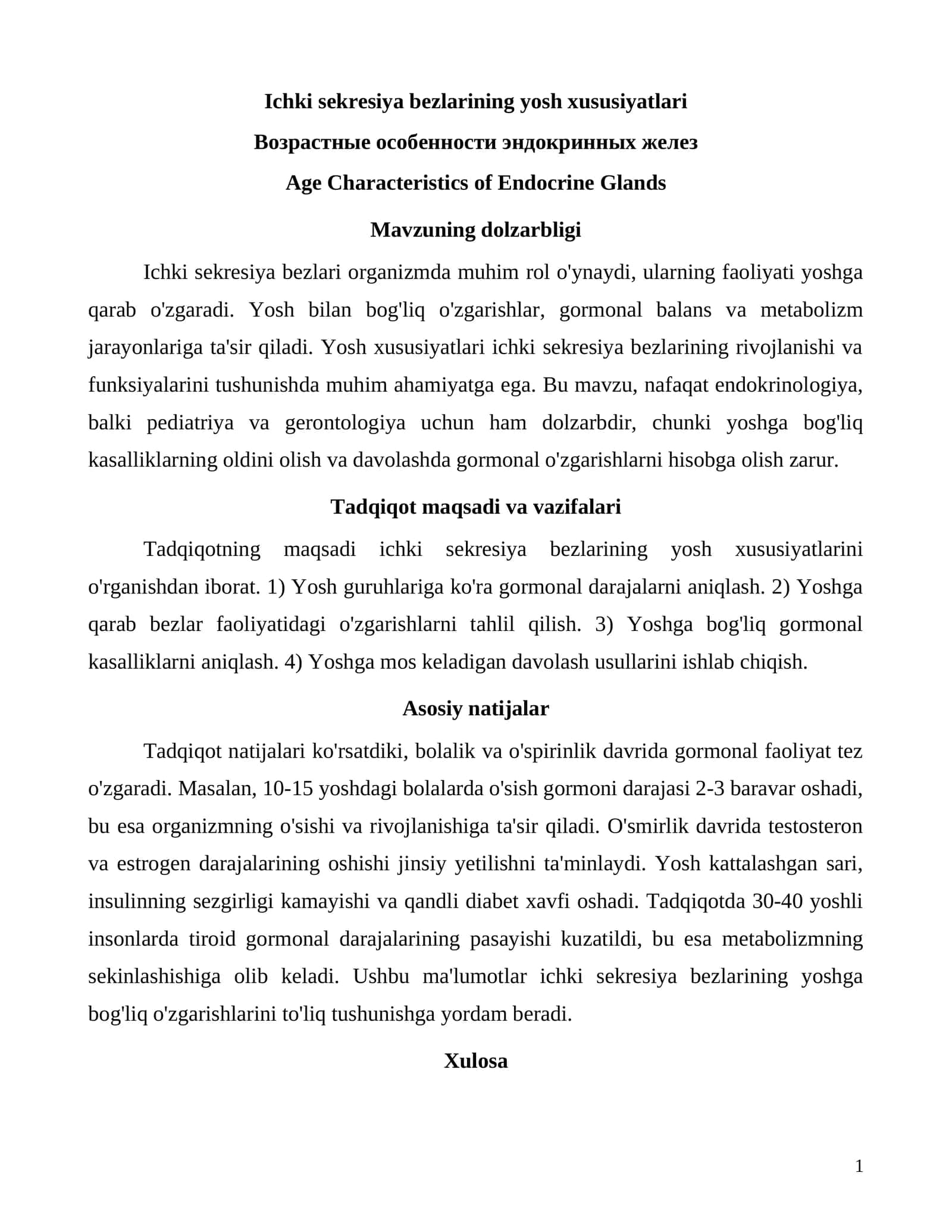 Ichki sekresiya bezlarining yosh xususiyatlari 1