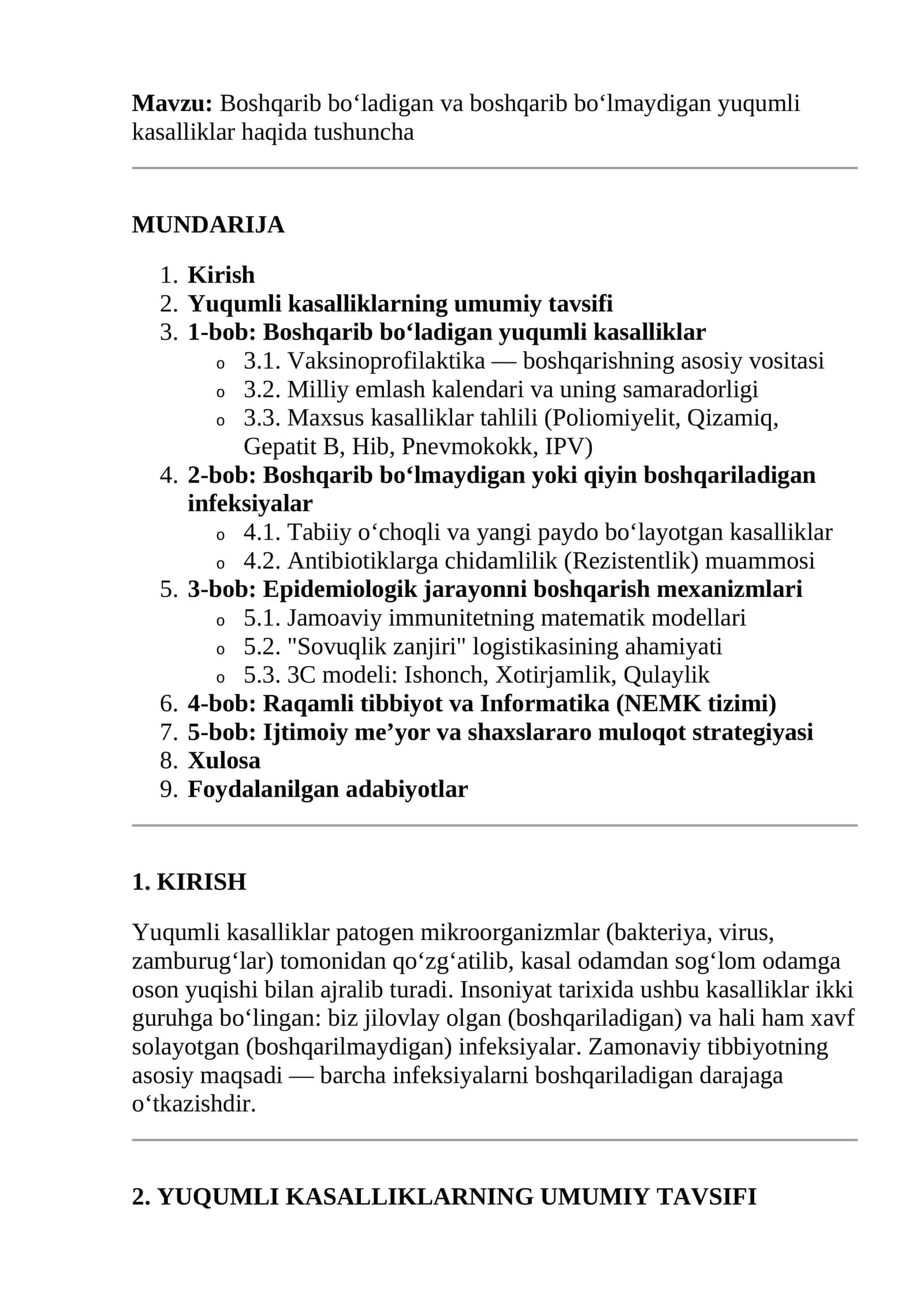 Boshqarib bo‘ladigan va boshqarib bo‘lmaydigan yuqumli kasalliklar haqida tushuncha 1