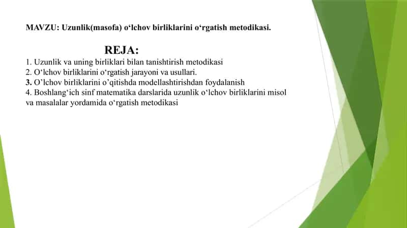 Uzunlik(masofa) oʻlchov birliklarini oʻrgatish metodikasi. 1