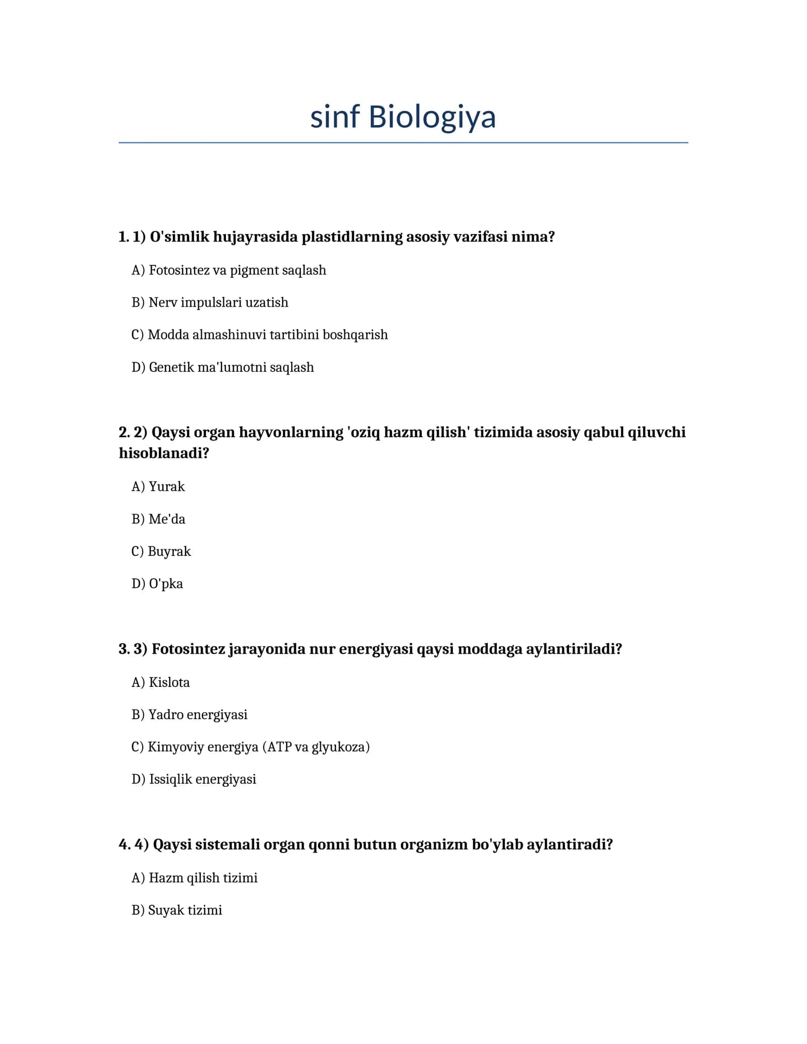 Biologiya sinfi Test savollari 1