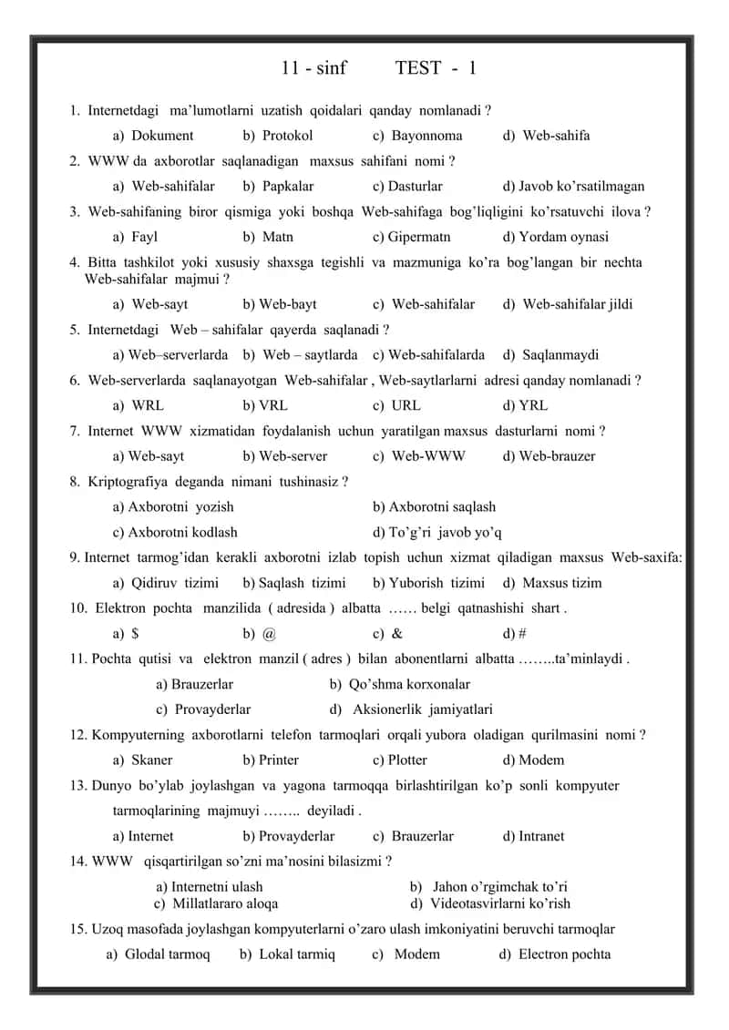 11-Sinf uchun 5 ta varyantli , 15 talik savollar 1