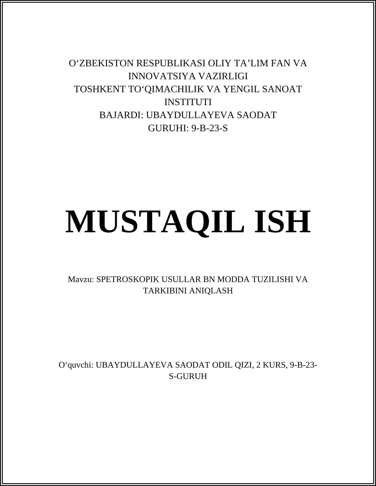 SPETROSKOPIK USULLAR BN MODDA TUZILISHI VA TARKIBINI ANIQLASH 1
