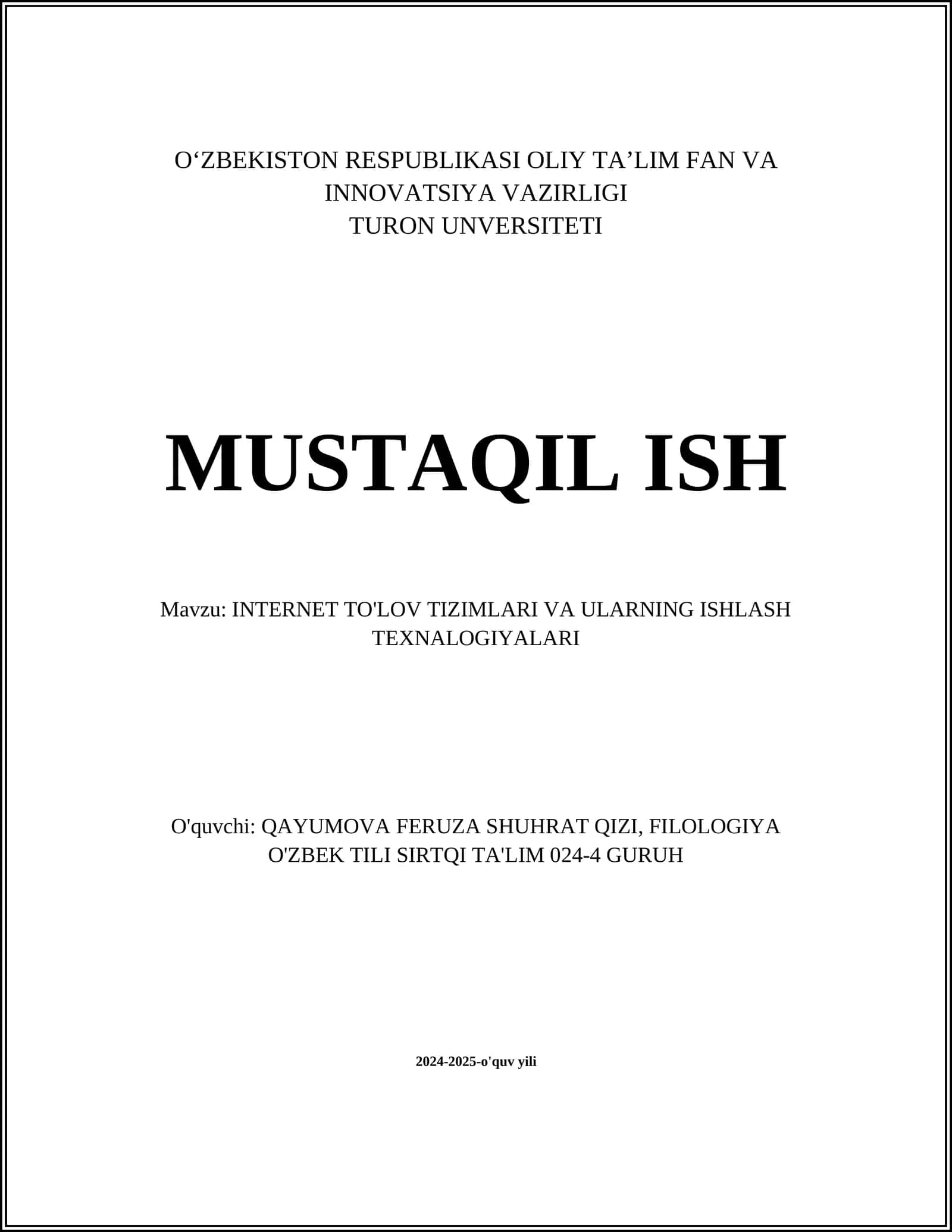 INTERNET TO'LOV TIZIMLARI VA ULARNING ISHLASH TEXNALOGIYALARI 1