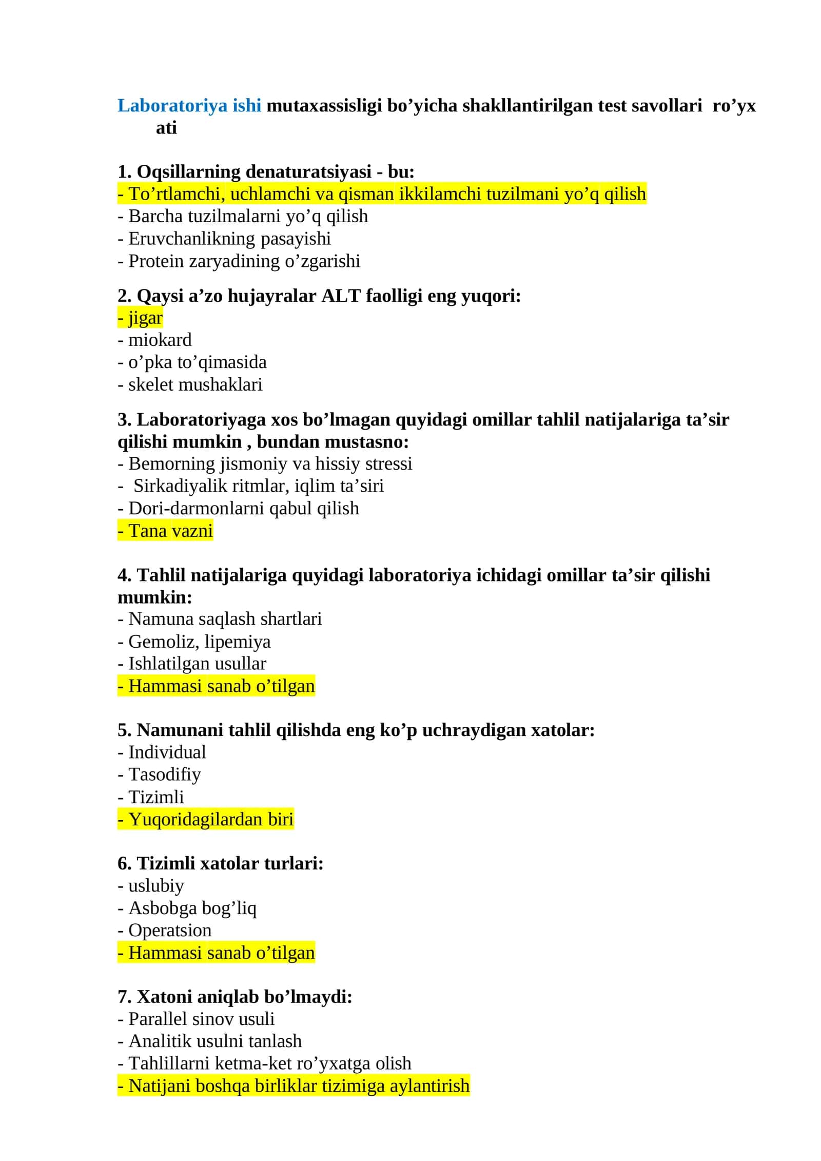Laboratoriya ishi mutaxassisligi bo’yicha shakllantirilgan test savollari ro’yx ati 1