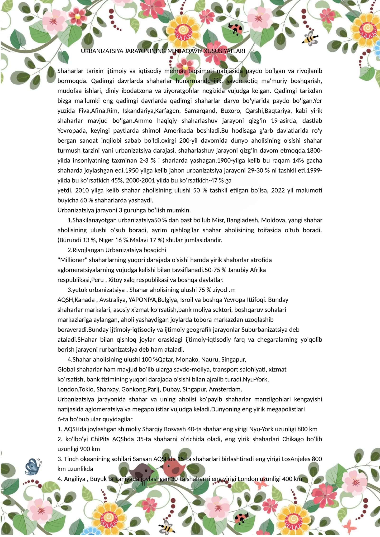 URBANIZATSIYA JARAYONINING MINTAQAVIY XUSUSIYATLARI 1