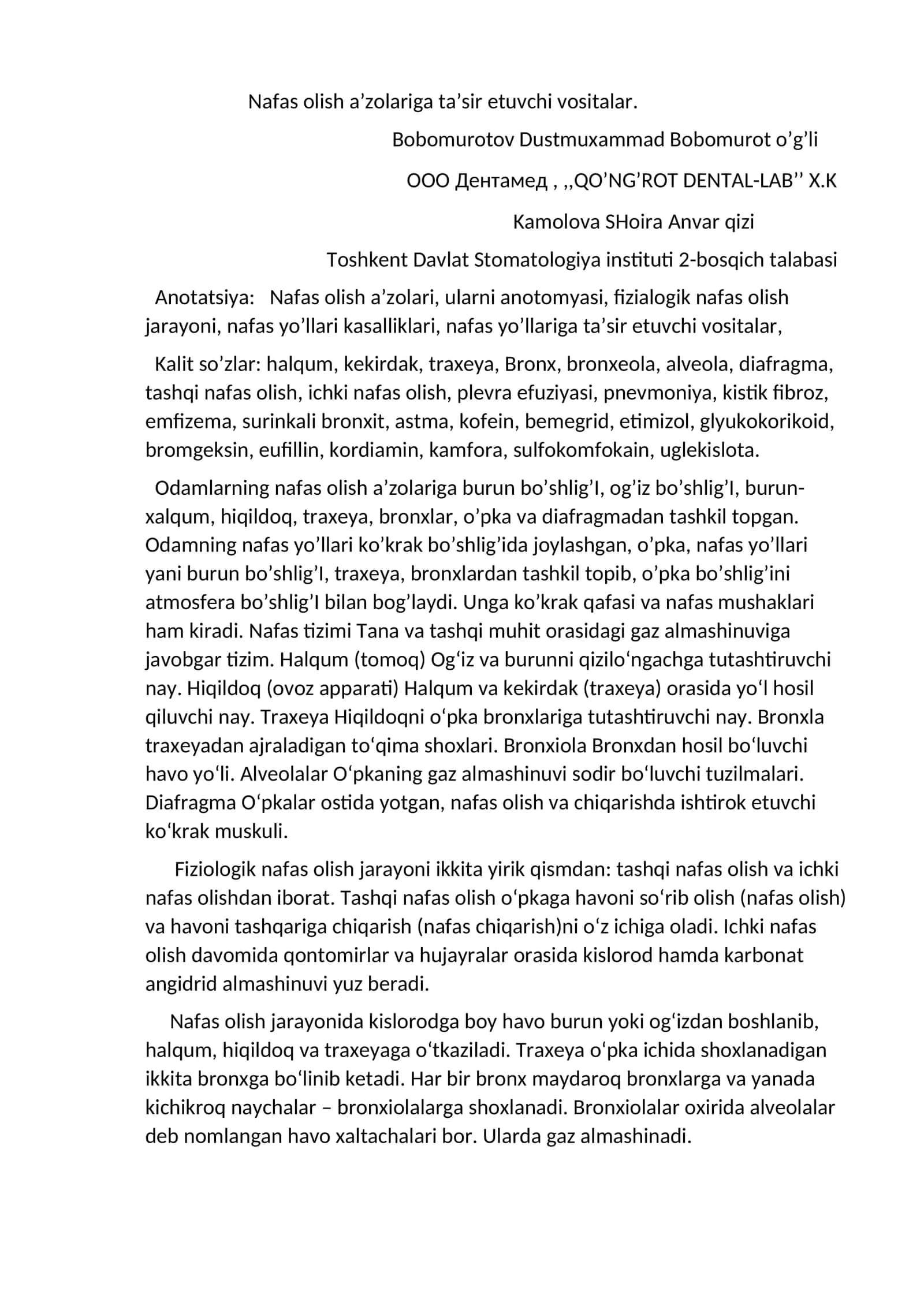 Nafas olish azolariga tasir etuvchi dorilar 1