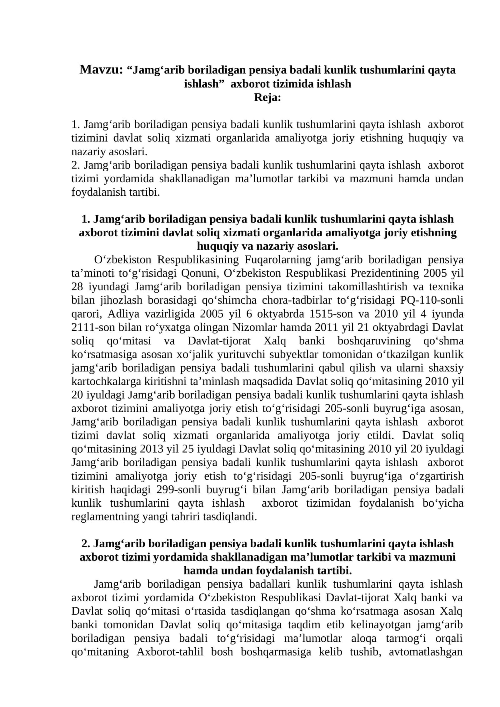 Jamg'arib boriladigan pensiya badali kunlik tushumlarini qayta ishlash 1