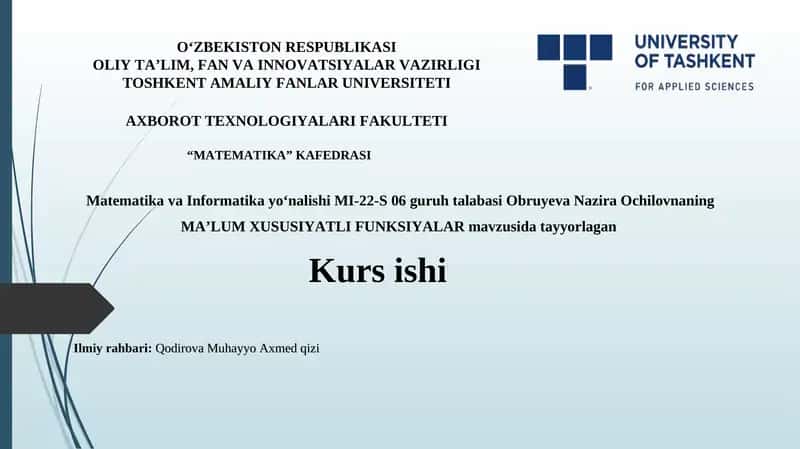 MA’LUM XUSUSIYATLI FUNKSIYALAR 1