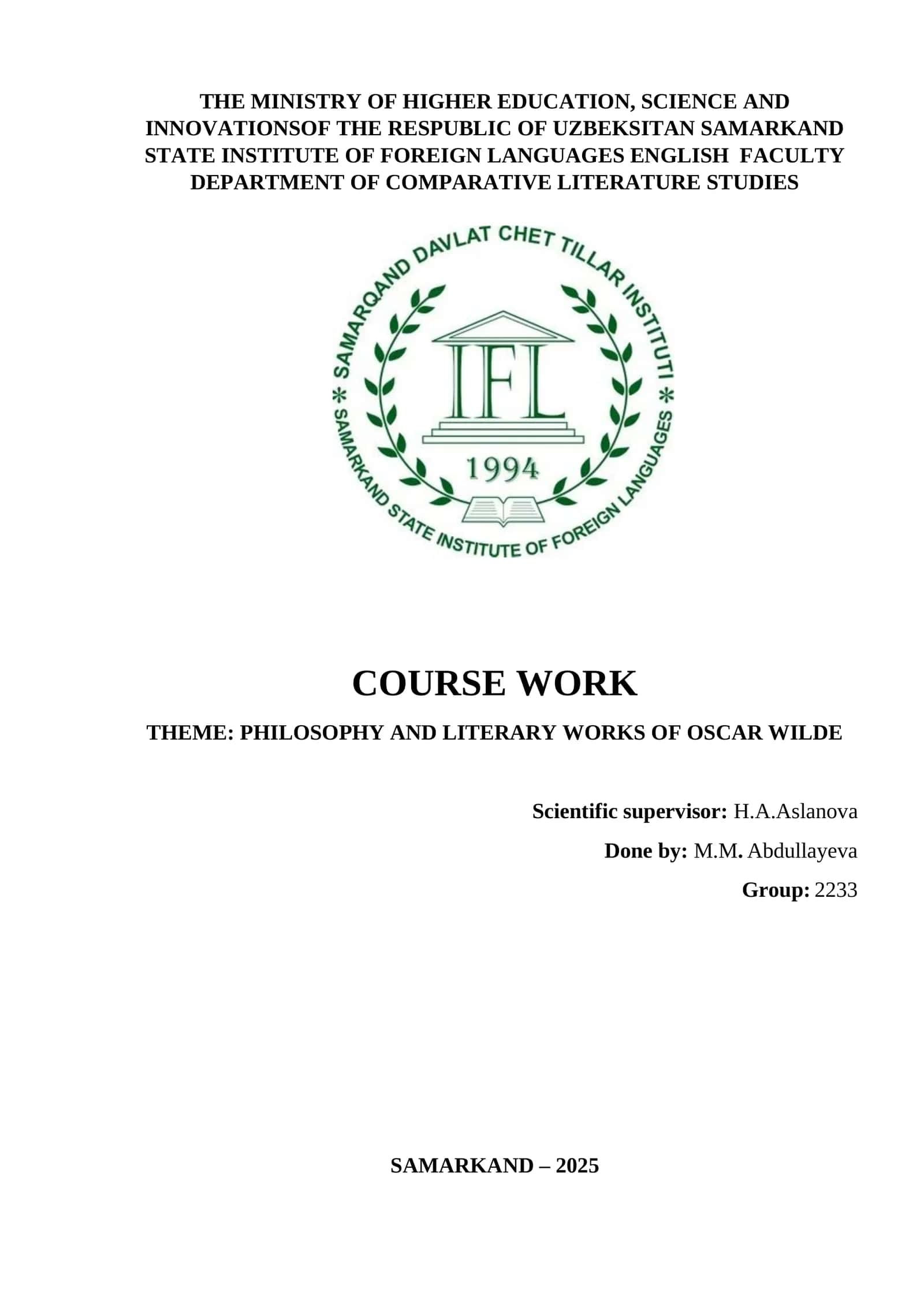 PHILOSOPHY AND LITERARY WORKS OF OSCAR WILDE 1