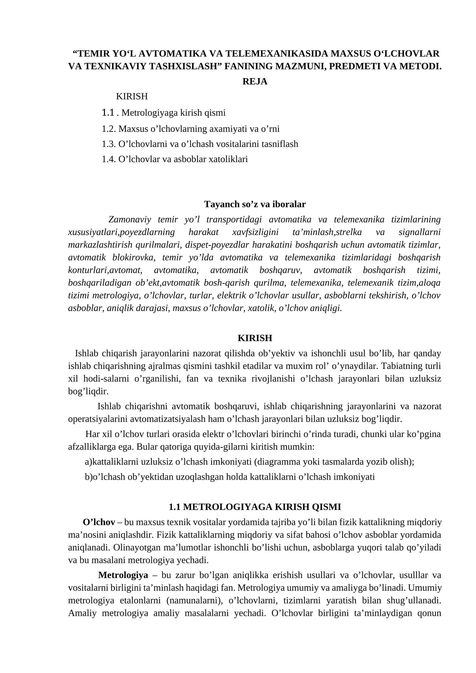 TEMIR YO‘L AVTOMATIKA VA TELEMEXANIKASIDA MAXSUS O‘LCHOVLAR VA TEXNIKAVIY TASHXISLASH 1