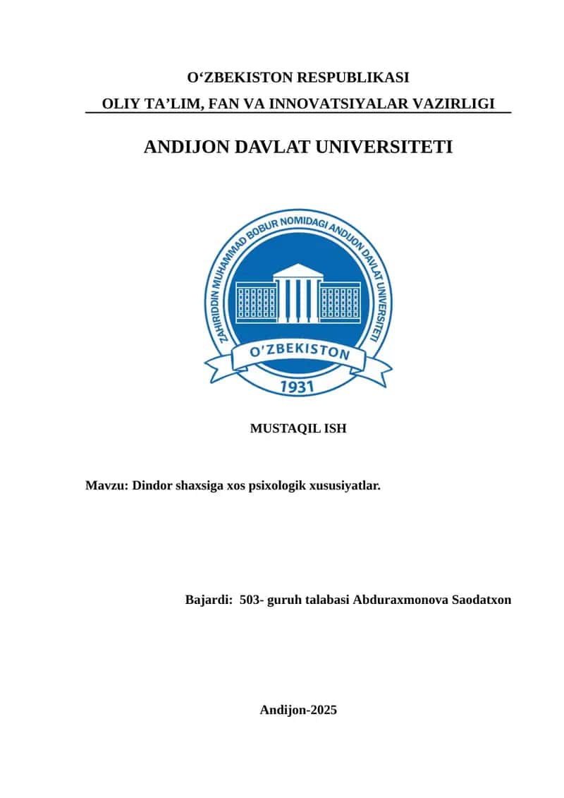 Dindor shaxsiga xos psixologik xususiyatlar. 1