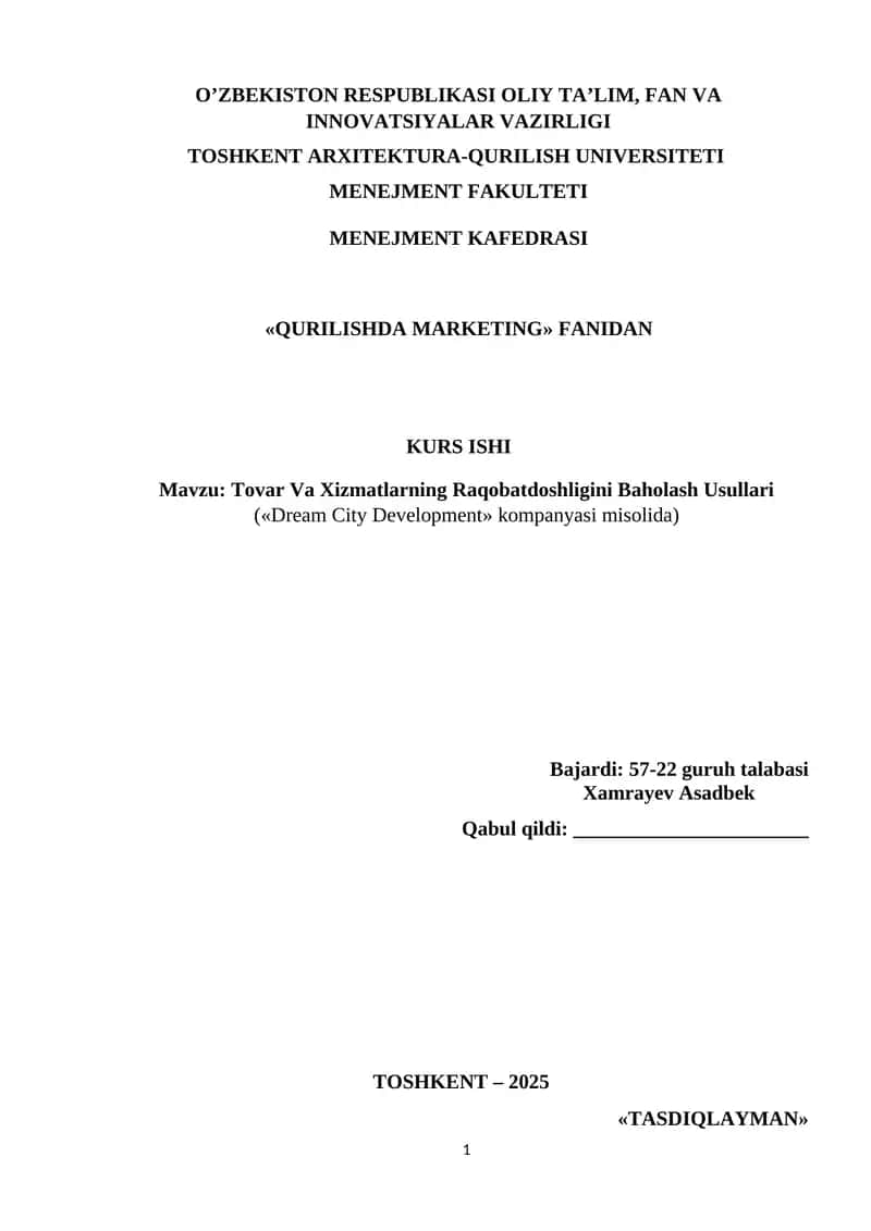 QURILISHDA MARKETING KURSI 1