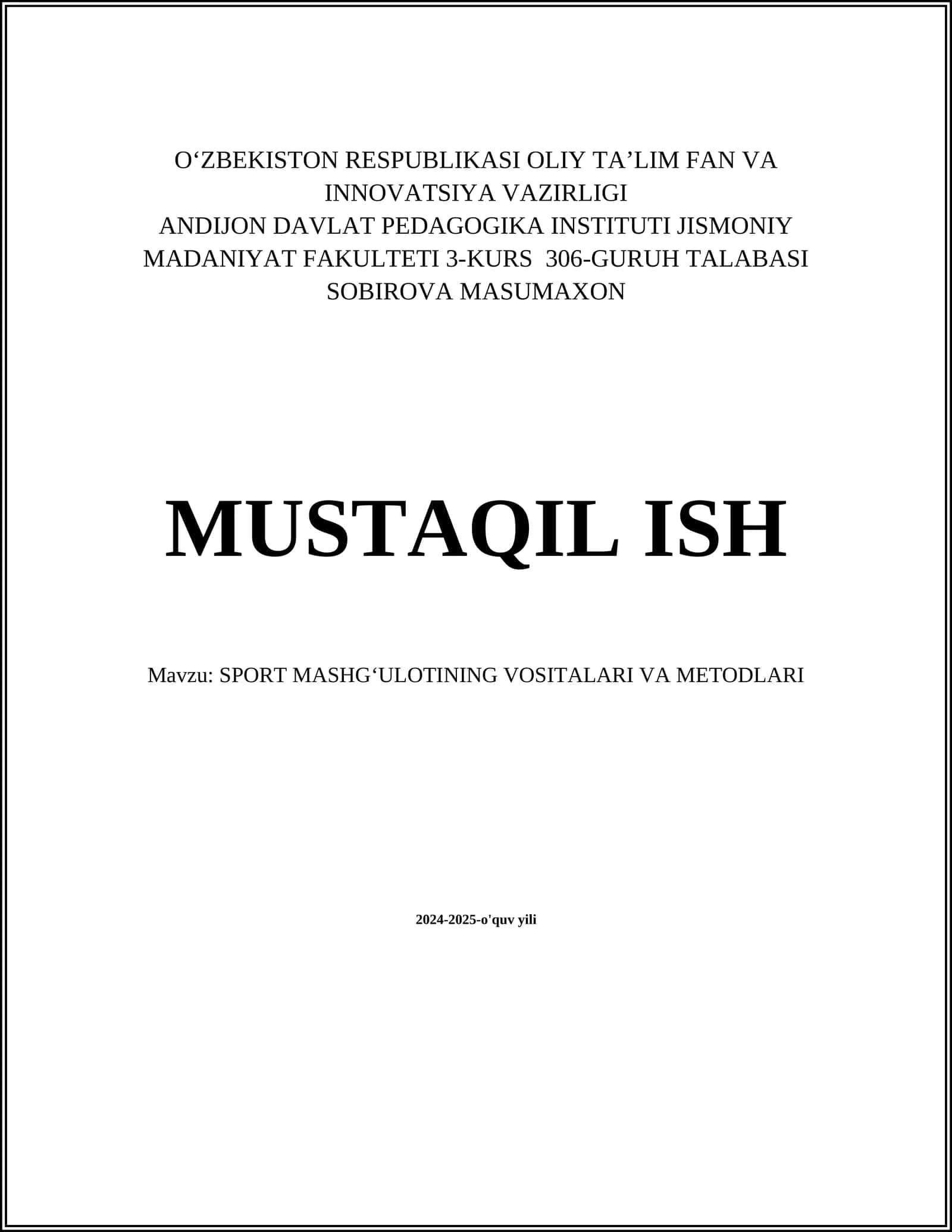 SPORT MASHGʻULOTINING VOSITALARI VA METODLARI 1
