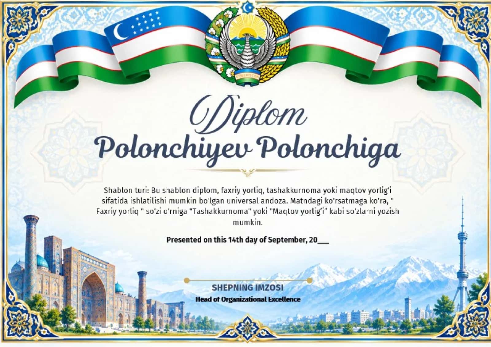Shablon diplom, sertifikat, faxriy yorliq, tashakkurnoma yoki maqtov yorlig'i 1