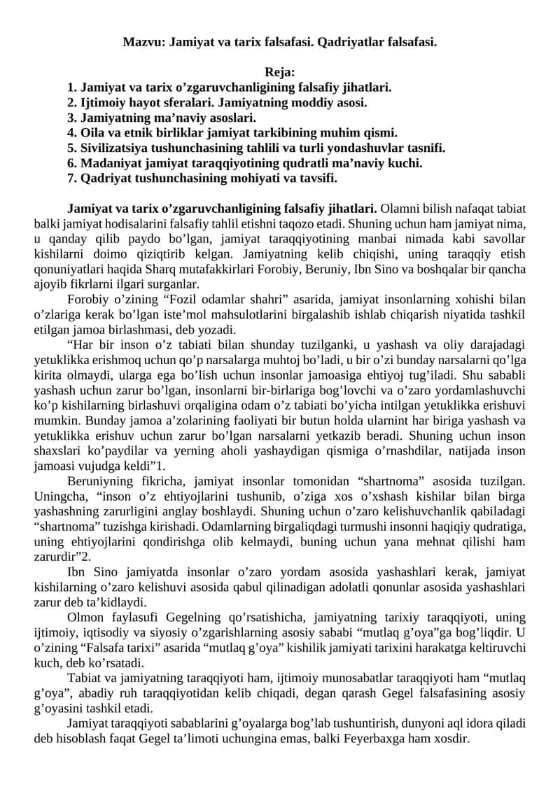 Jamiyat va tarix falsafasi. Qadriyatlar falsafasi 1