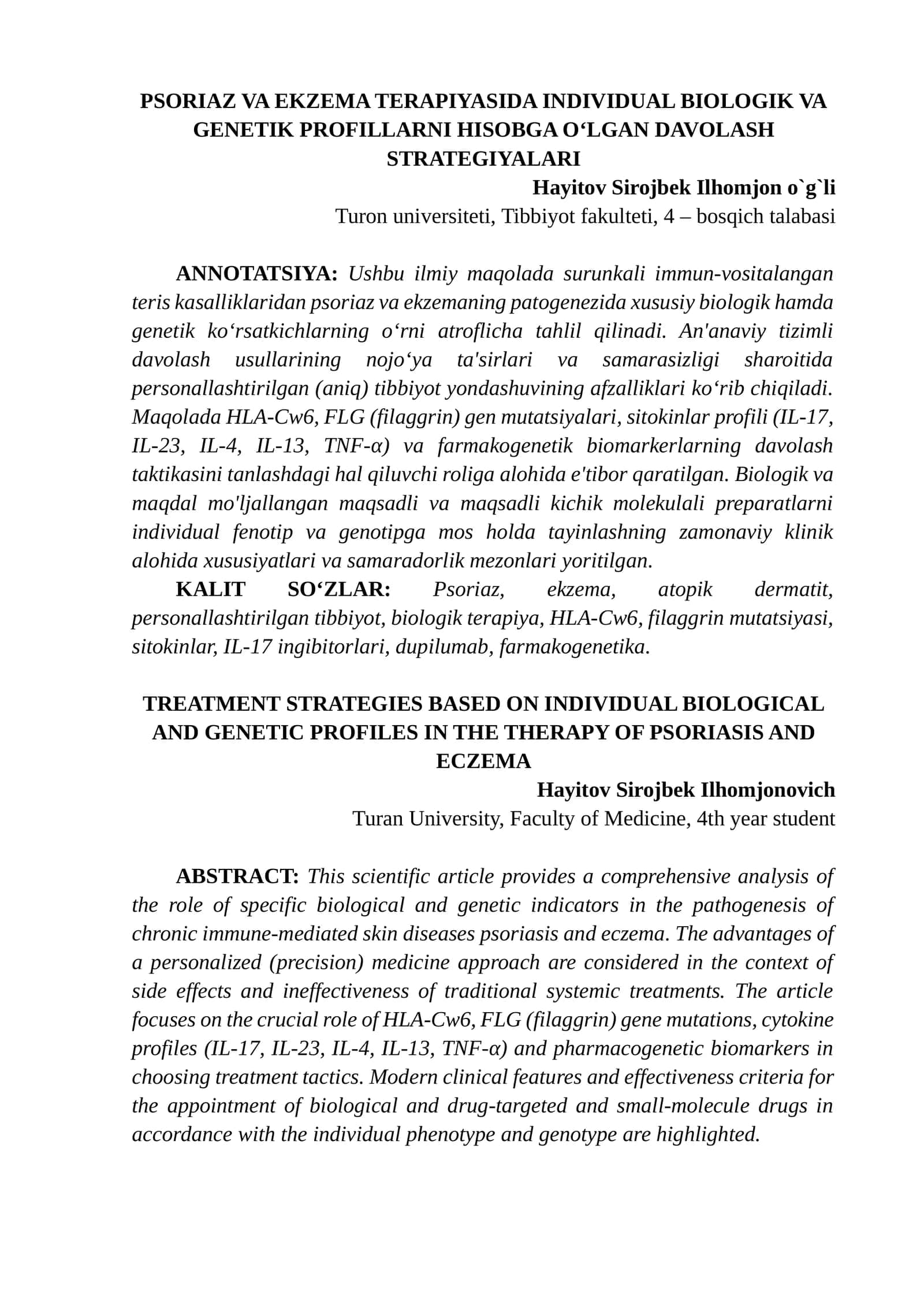 PSORIAZ VA EKZEMA TERAPIYASIDA INDIVIDUAL BIOLOGIK VA GENETIK PROFILLARNI HISOBGA O‘LGAN DAVOLASH STRATEGIYALARI 1