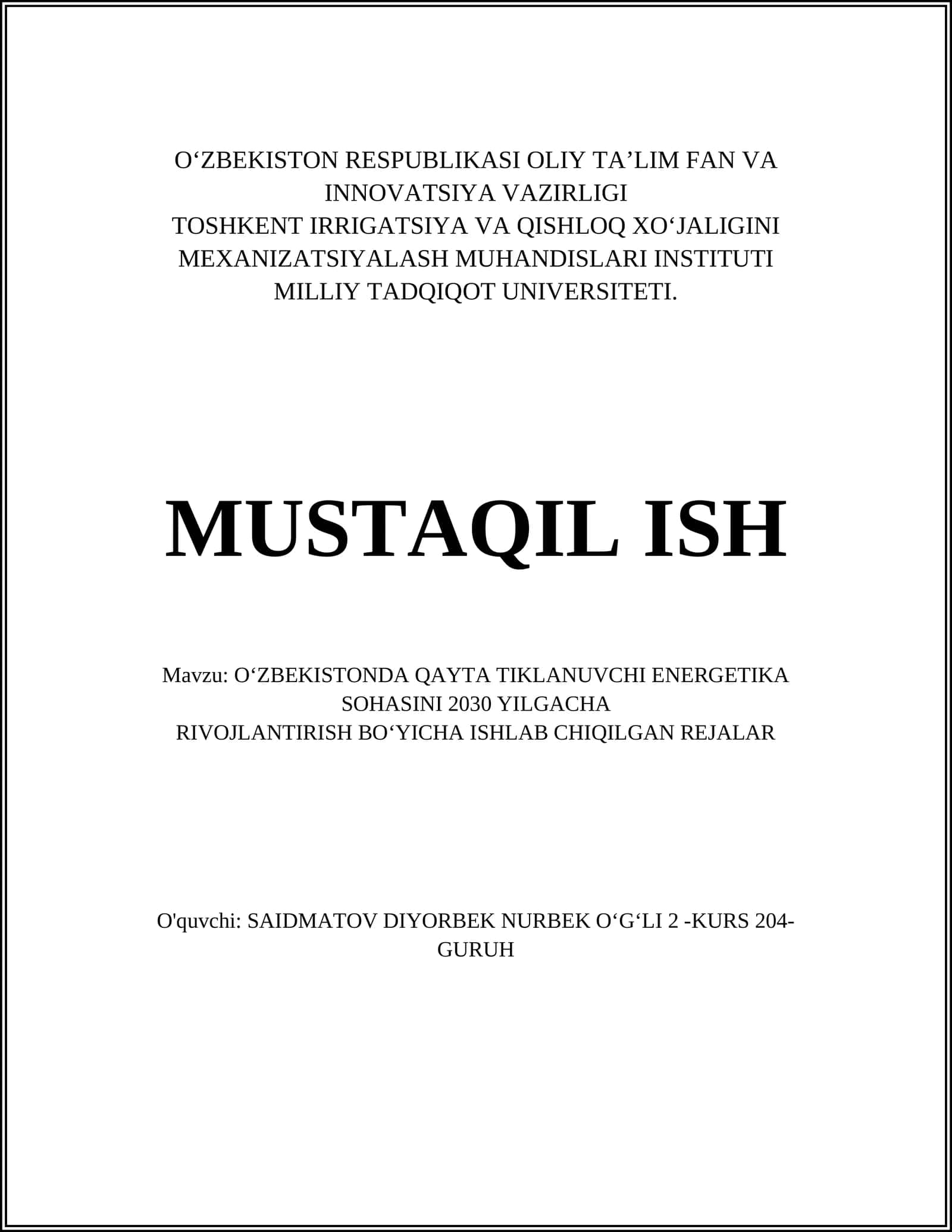 O‘ZBEKISTONDA QAYTA TIKLANUVCHI ENERGETIKA SOHASINI 2030 YILGACHA RIVOJLANTIRISH BO‘YICHA ISHLAB CHIQILGAN REJALAR 1