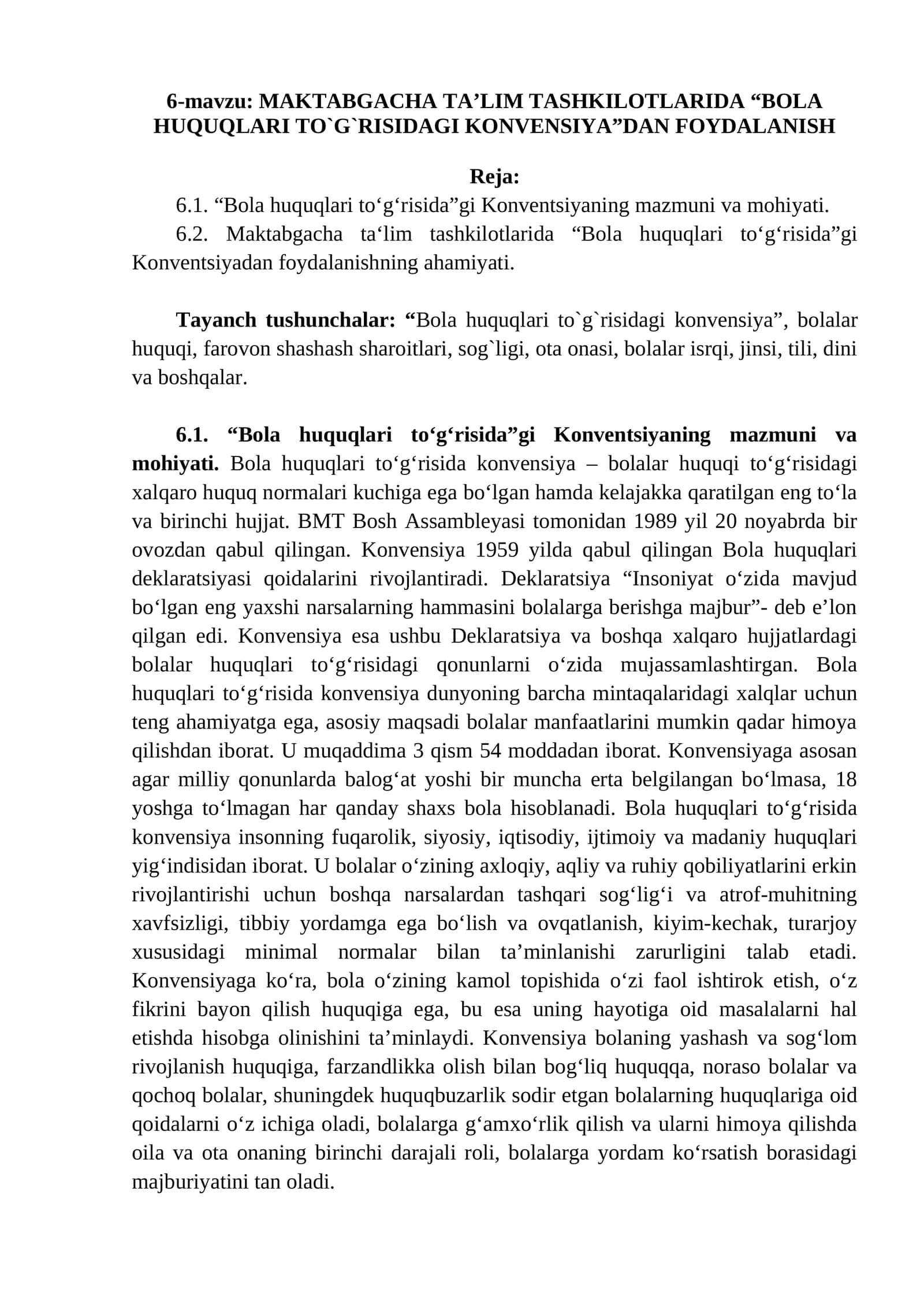 MAKTABGACHA TA’LIM TASHKILOTLARIDA “BOLA HUQUQLARI TO`G`RISIDAGI KONVENSIYA”DAN FOYDALANISH 1