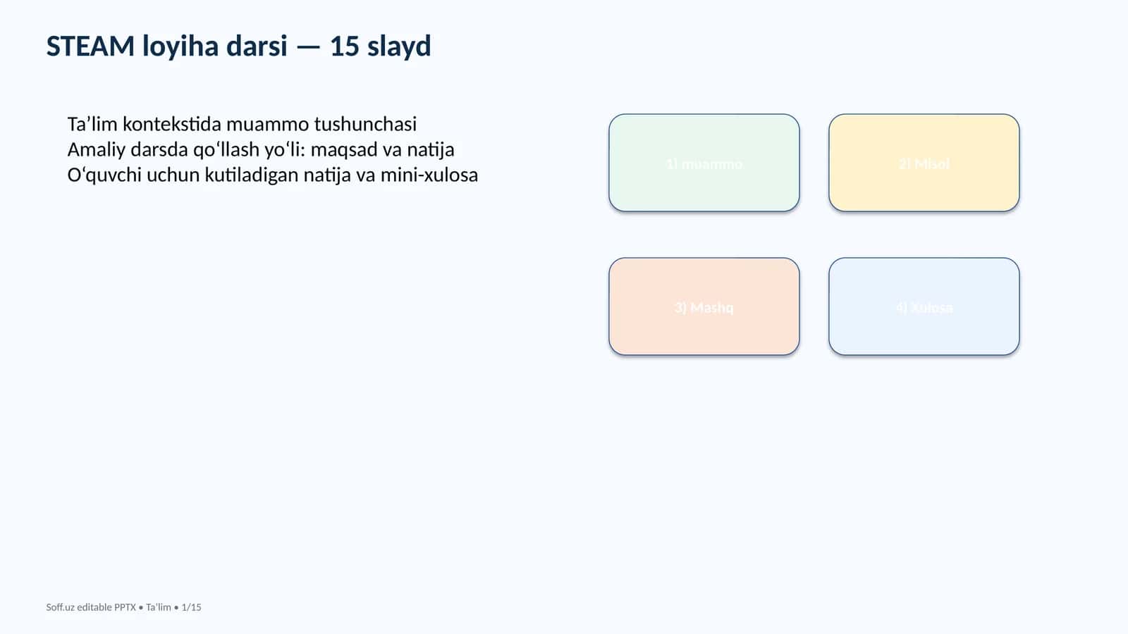 STEAM loyiha darsi — 15 slayd (Ta’lim kontekstida muammo tushunchasi va amaliy dars uchun 15 slayd. O‘quvchilar uchun muhim tajribalar ) 1