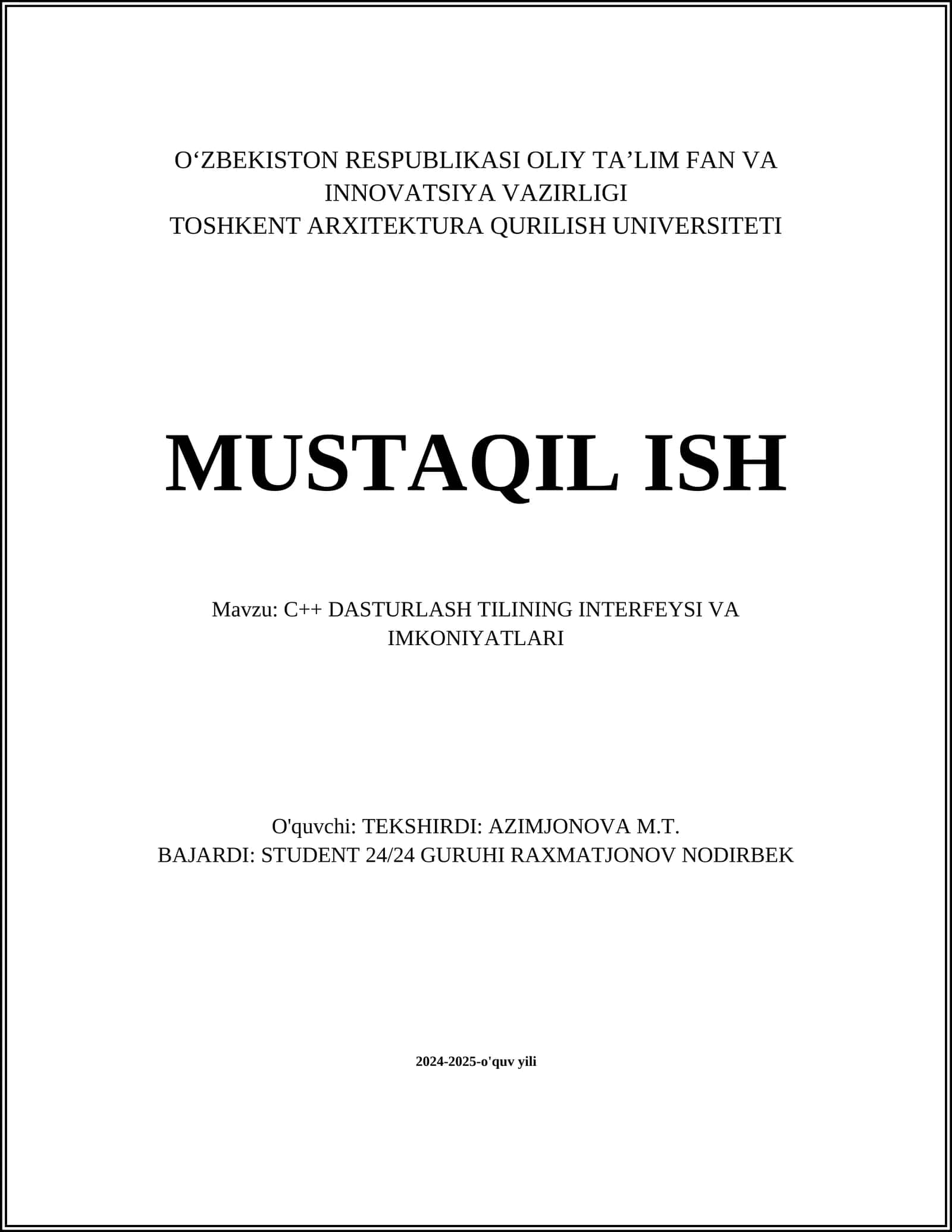 C++ DASTURLASH TILINING INTERFEYSI VA IMKONIYATLARI 1