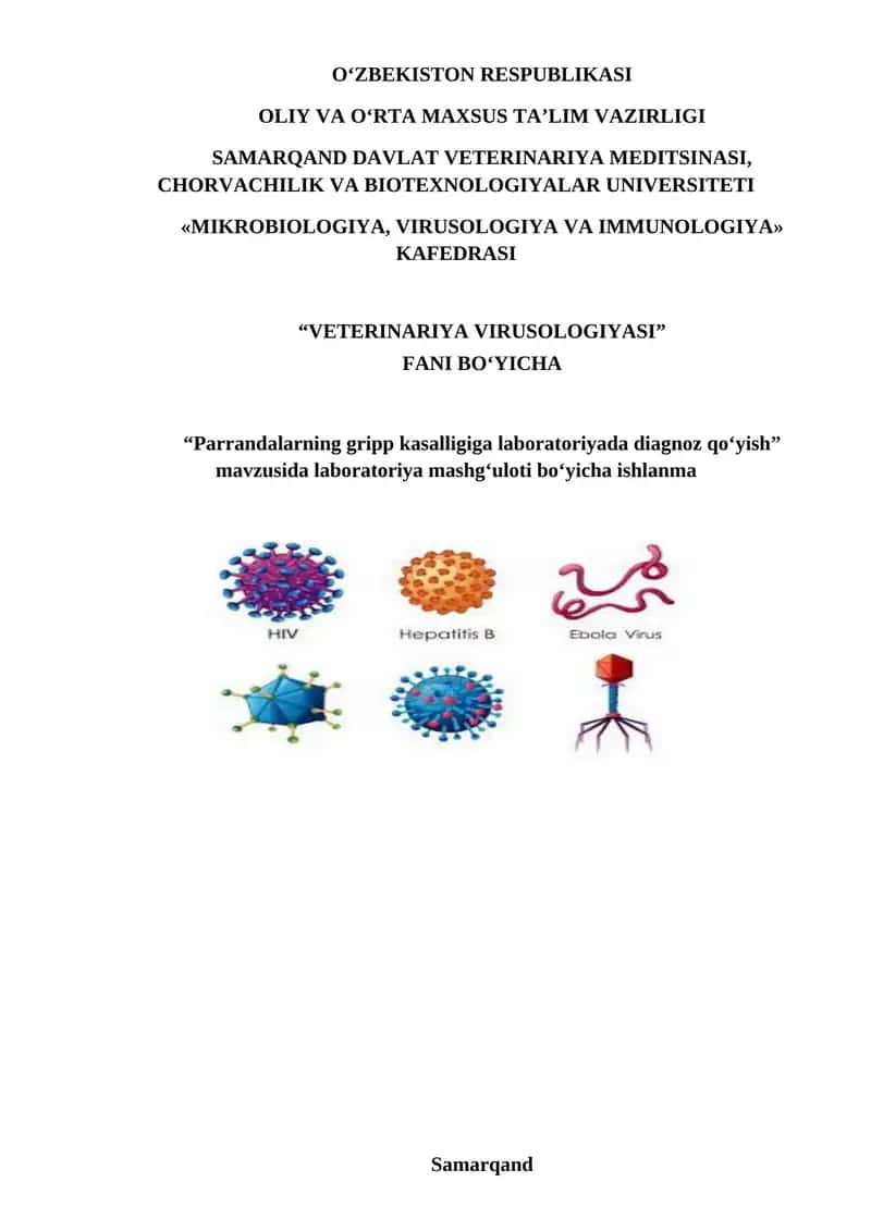 "Parrandalarning gripp kasalligiga laboratoriyada diagnoz qo‘yish" ishlanma 1