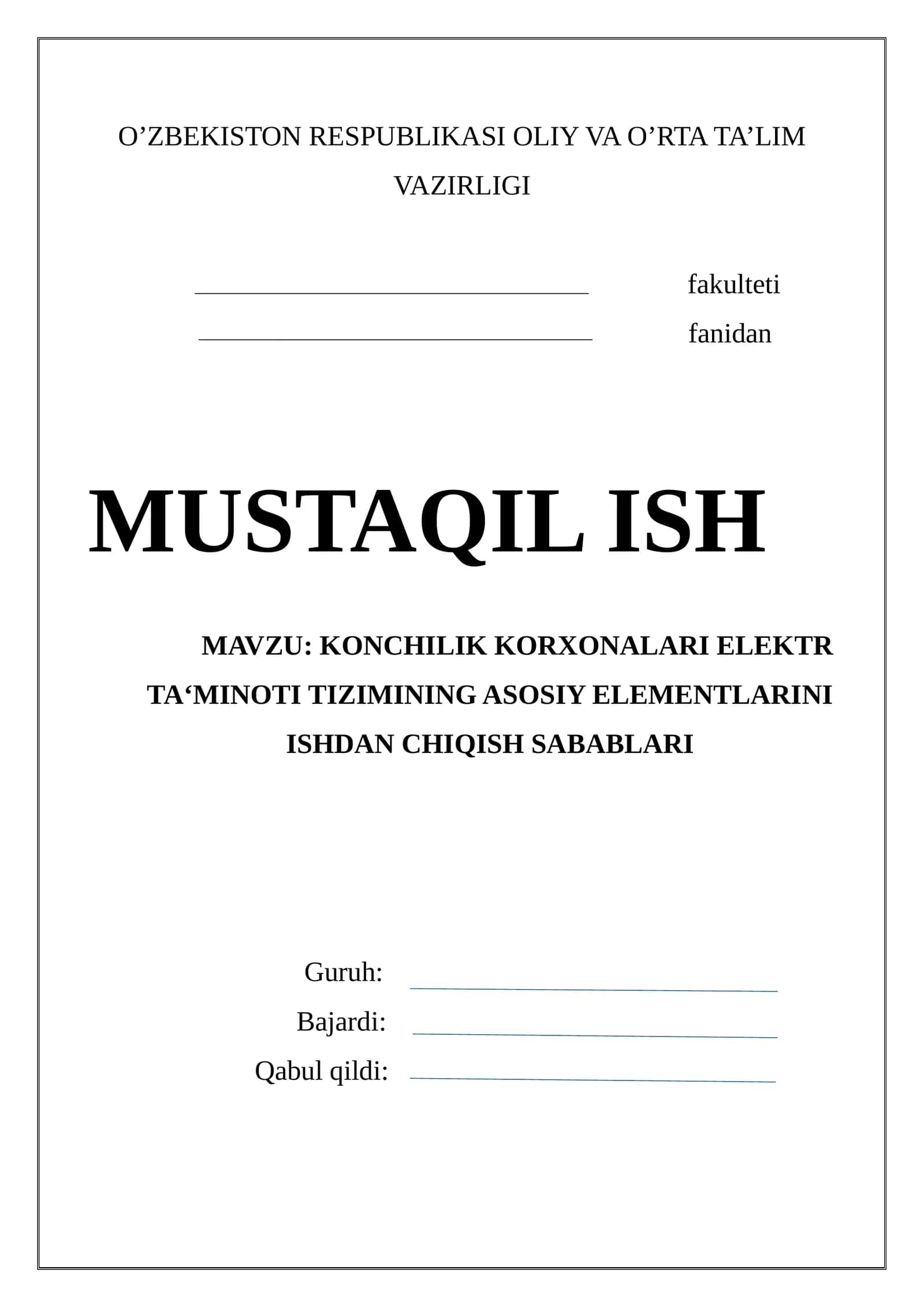 Konchilik korxonalari elektr ta'minoti tizimining asosiy elementlarini ishdan chiqish sabablari 1