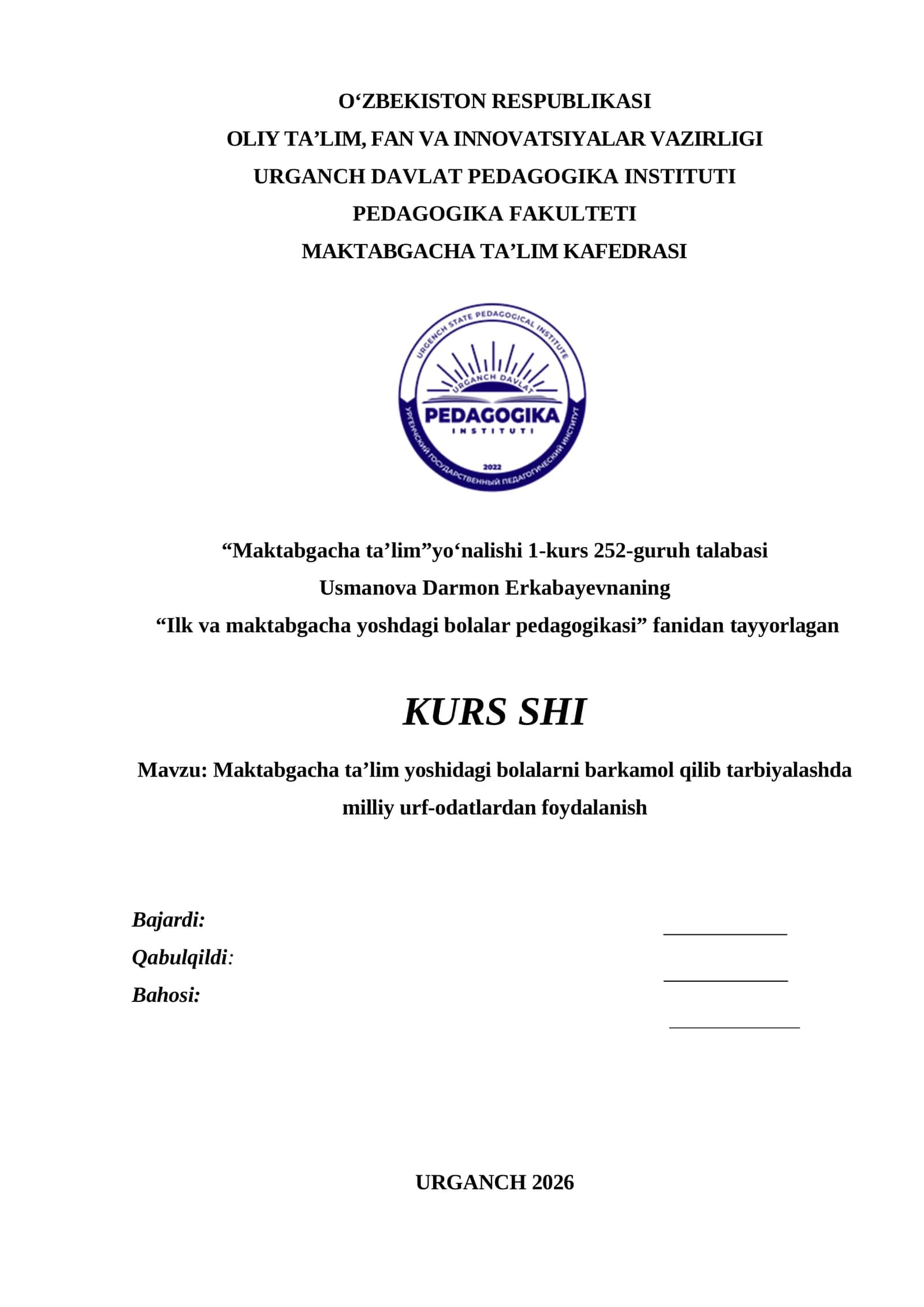 Maktabgacha ta’lim yoshidagi bolalarni barkamol qilib tarbiyalashda milliy urf-odatlardan foydalanish 1