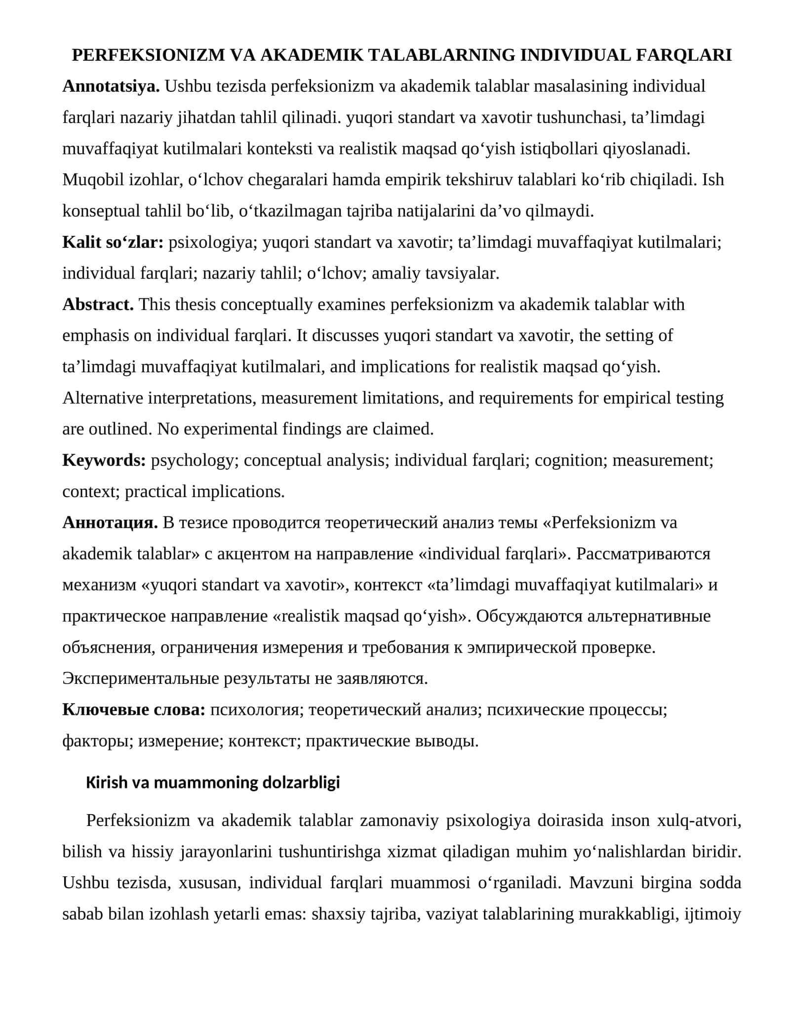 Perfeksionizm va akademik talablarning individual farqlari 1