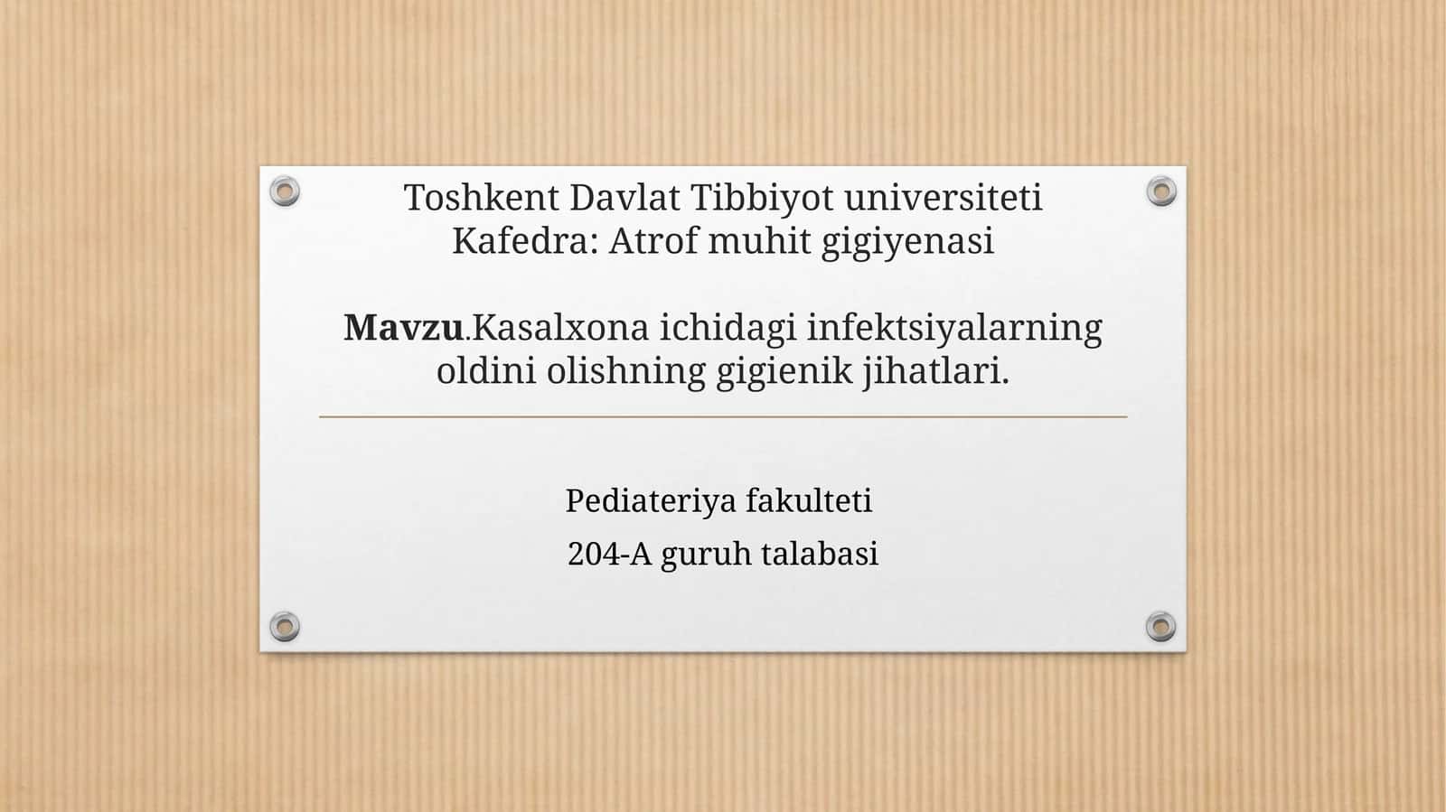 Kasalxona ichidagi infektsiyalarning oldini olishning gigienik jihatlari. 1