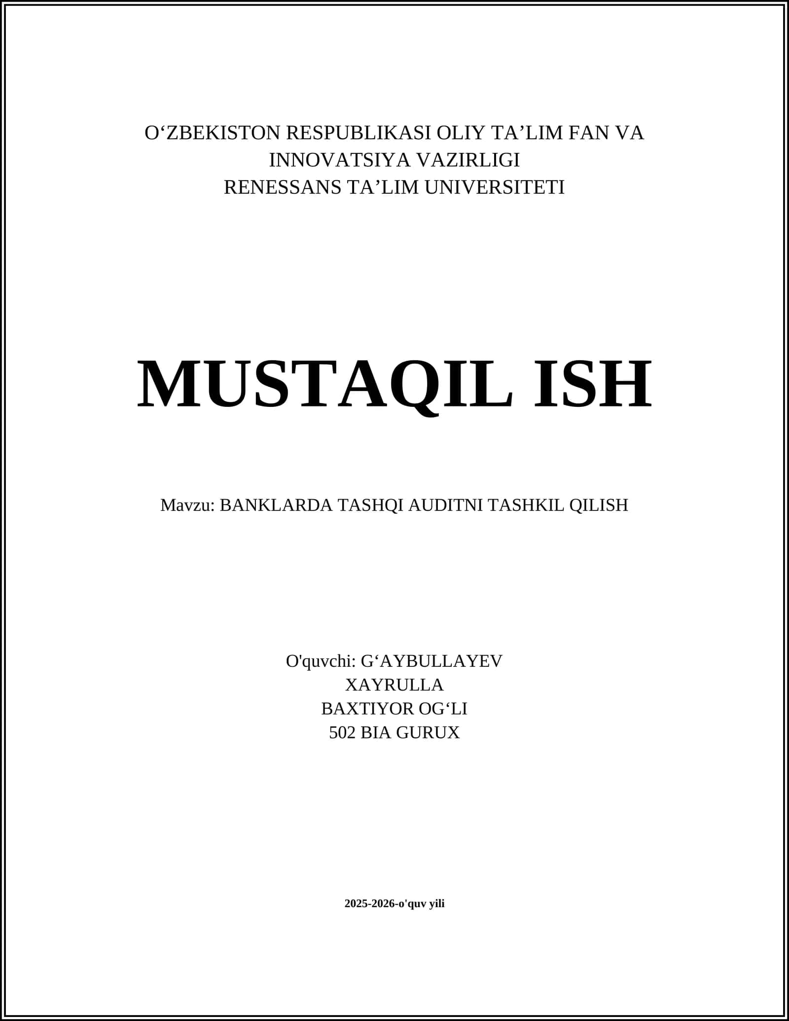 BANKLARDA TASHQI AUDITNI TASHKIL QILISH 1