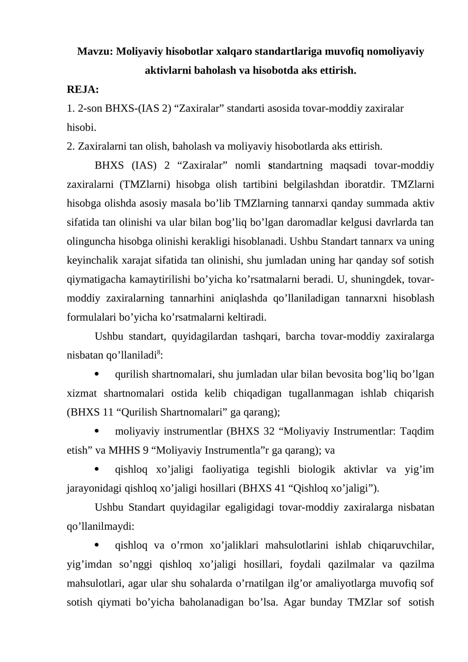Moliyaviy hisobotlar xalqaro standartlariga muvofiq nomoliyaviy aktivlarni baholash va hisobotda aks ettirish 1