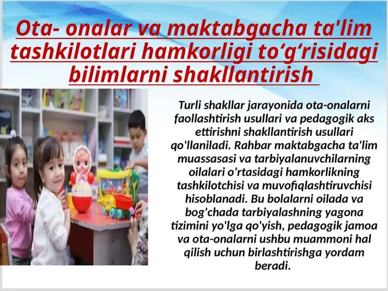 Ota- onalar va maktabgacha ta'lim tashkilotlari hamkorligi to‘g‘risida 1