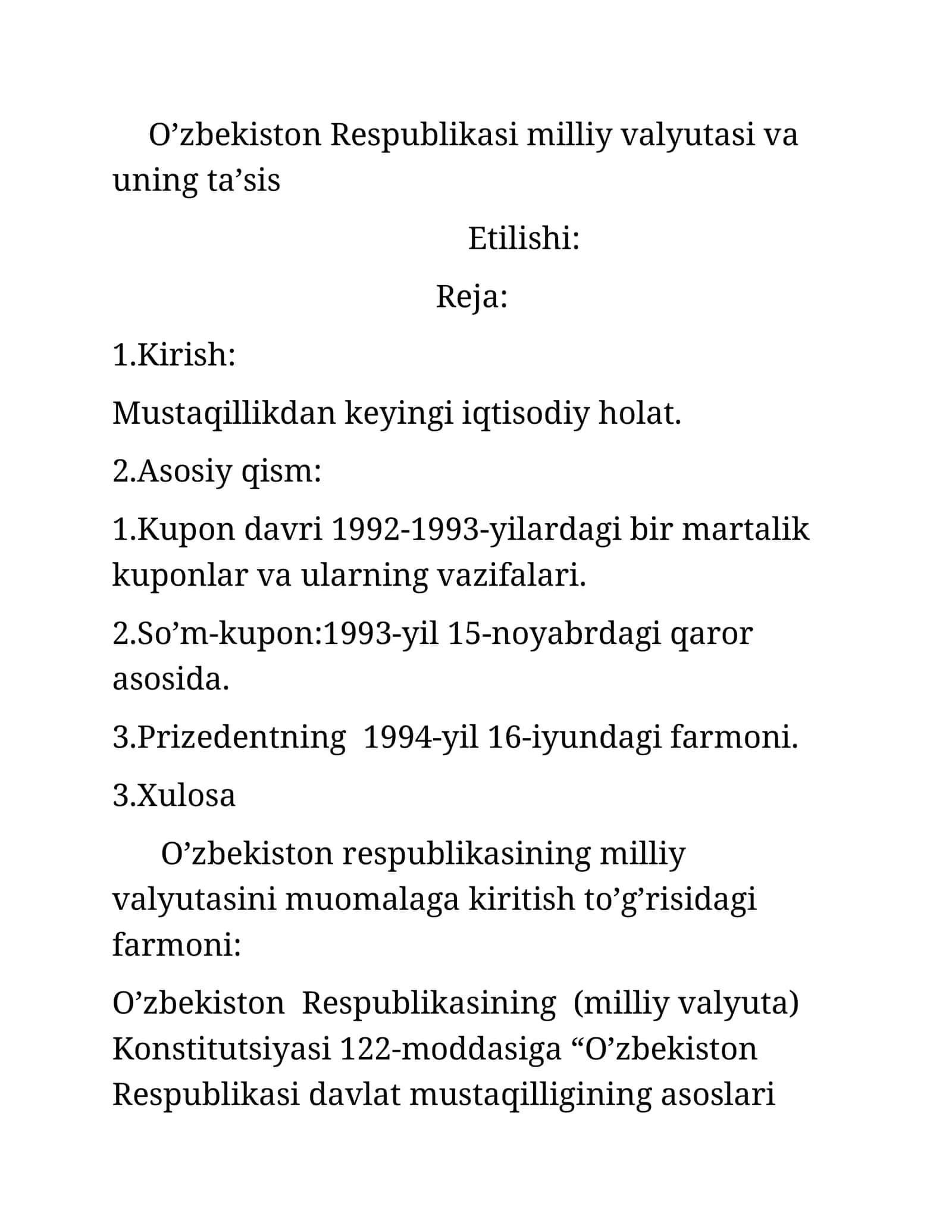 Milliy valyuta va uning ta'sis etilishi 1