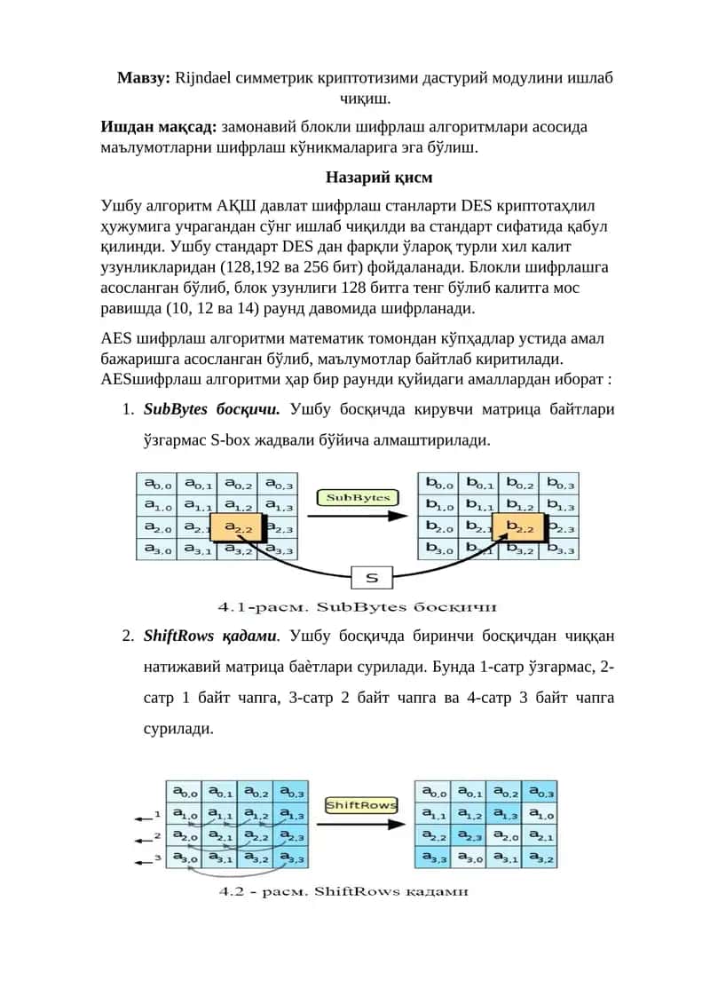 Rijndael симметрик криптотизими дастурий модулини ишлаб чиқиш 1