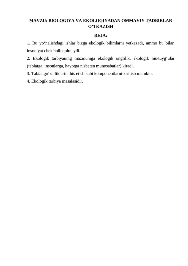 BIOLOGIYA VA EKOLOGIYADAN OMMAVIY TADBIRLAR O’TKAZISH 1