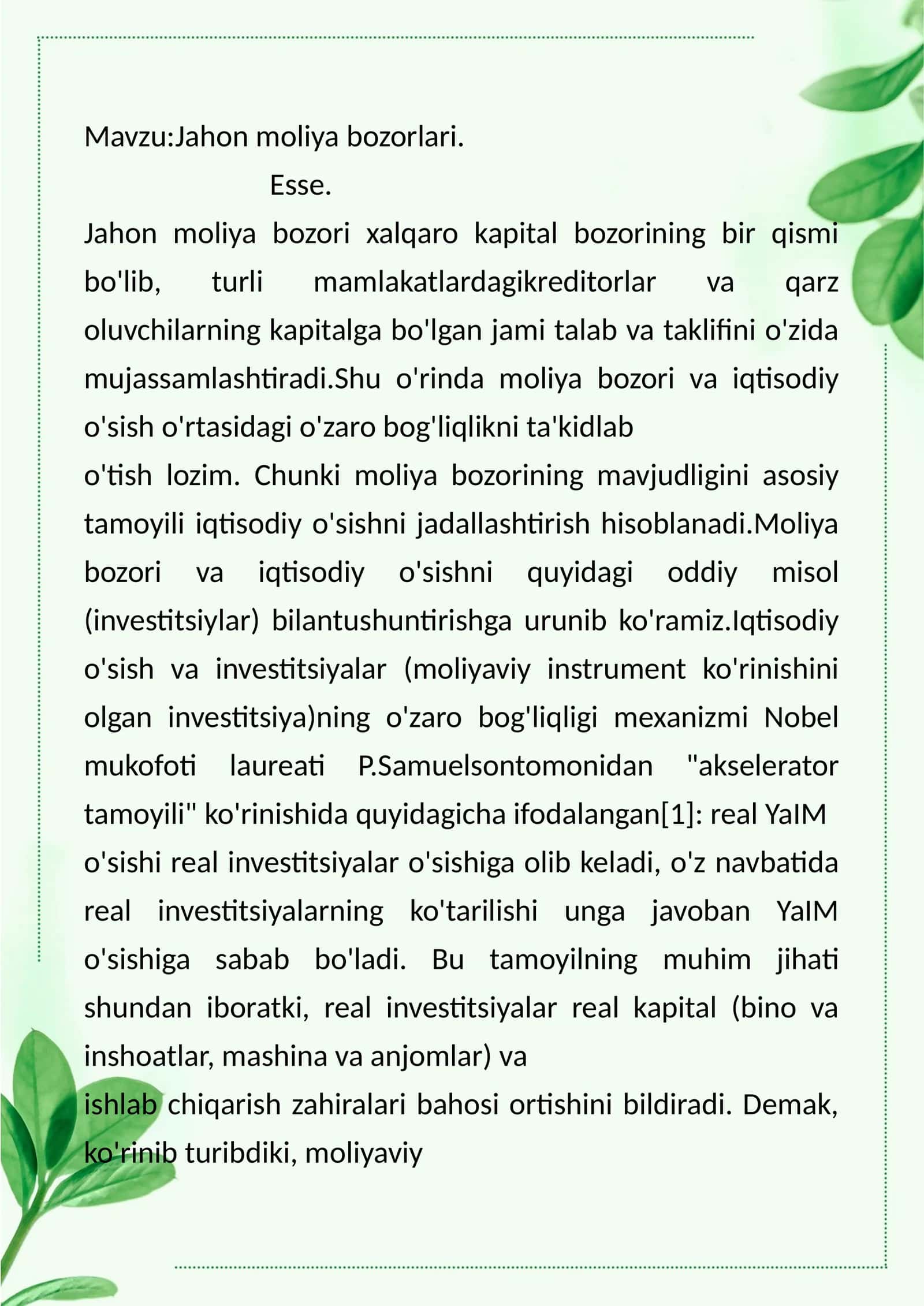 Jahon moliya bozorlari. Esse 1