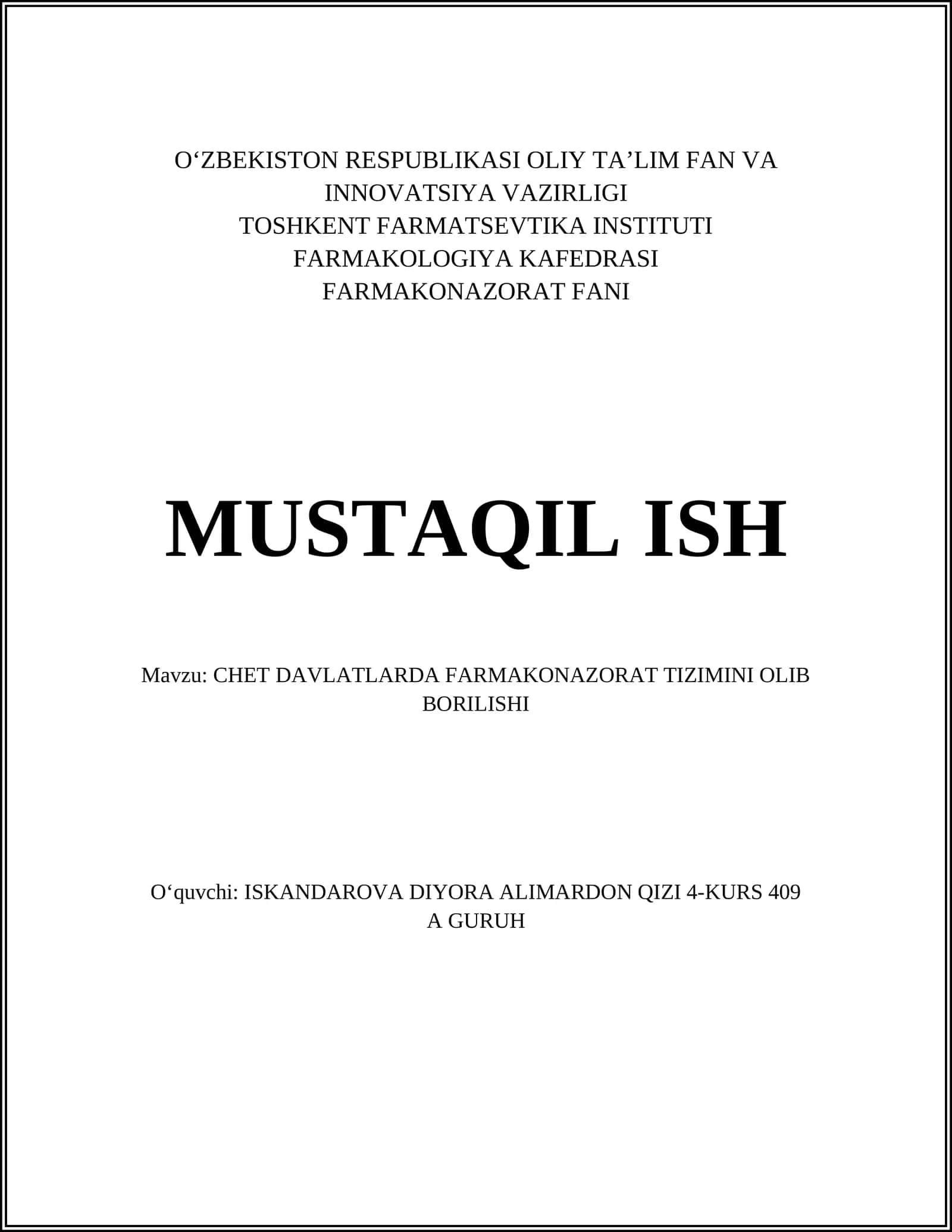 CHET DAVLATLARDA FARMAKONAZORAT TIZIMINI OLIB BORILISHI 1