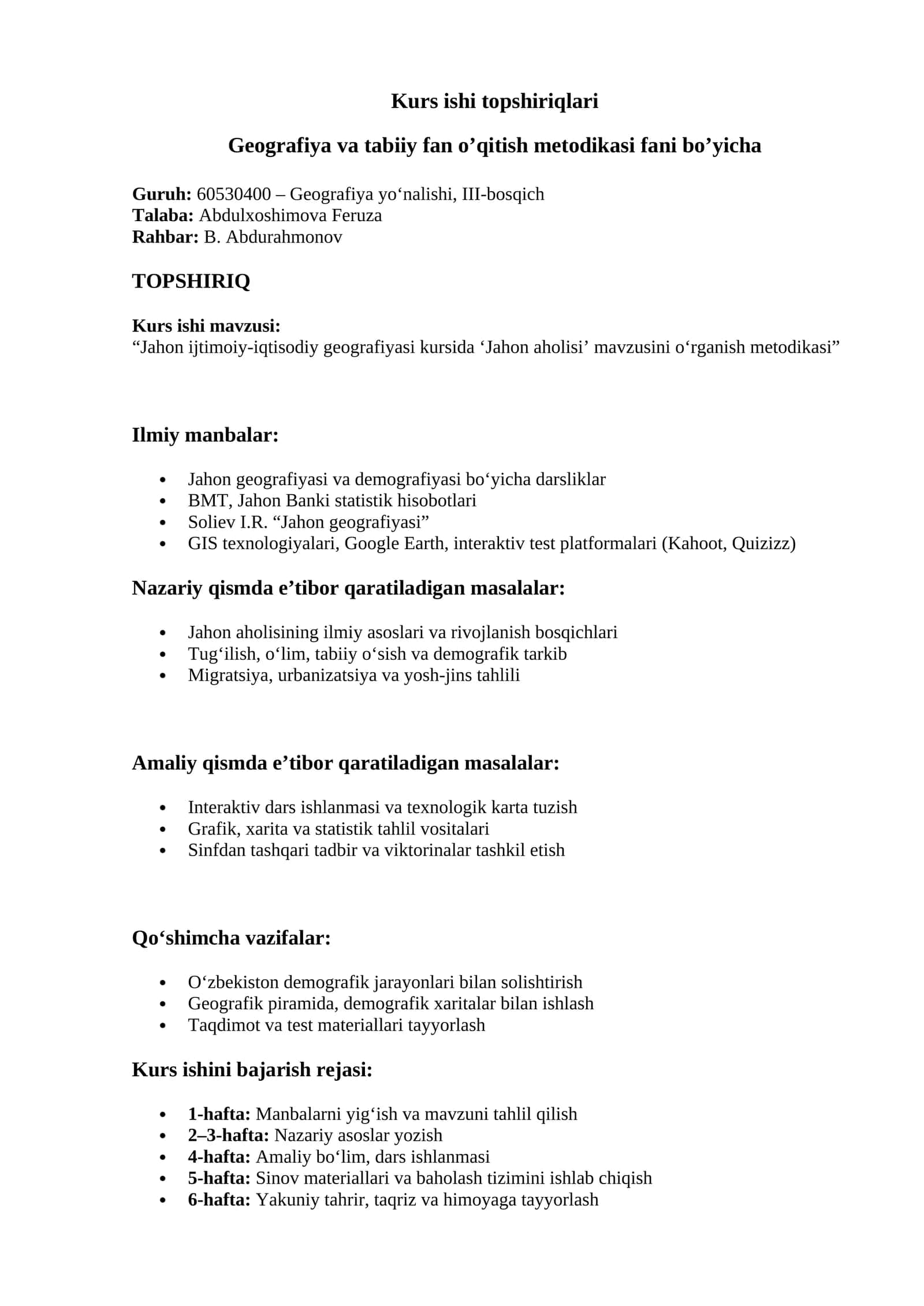 Jahon ijtimoiy-iqtisodiy geografiyasi kursida ‘Jahon aholisi’ mavzusini o‘rganish metodikasi 1