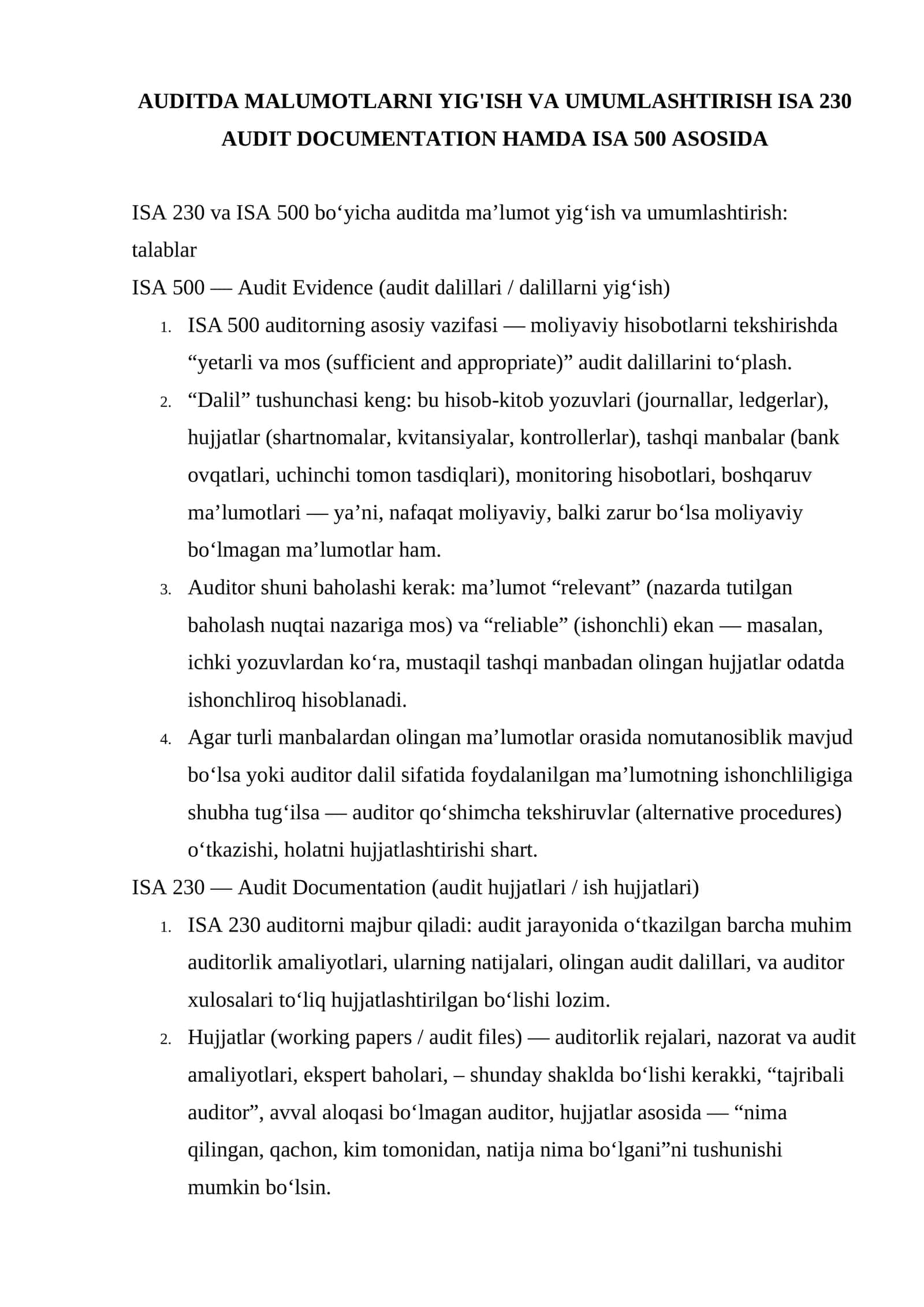 ISA 230 va ISA 500 bo‘yicha auditda ma’lumot yig‘ish va umumlashtirish: talablar 1