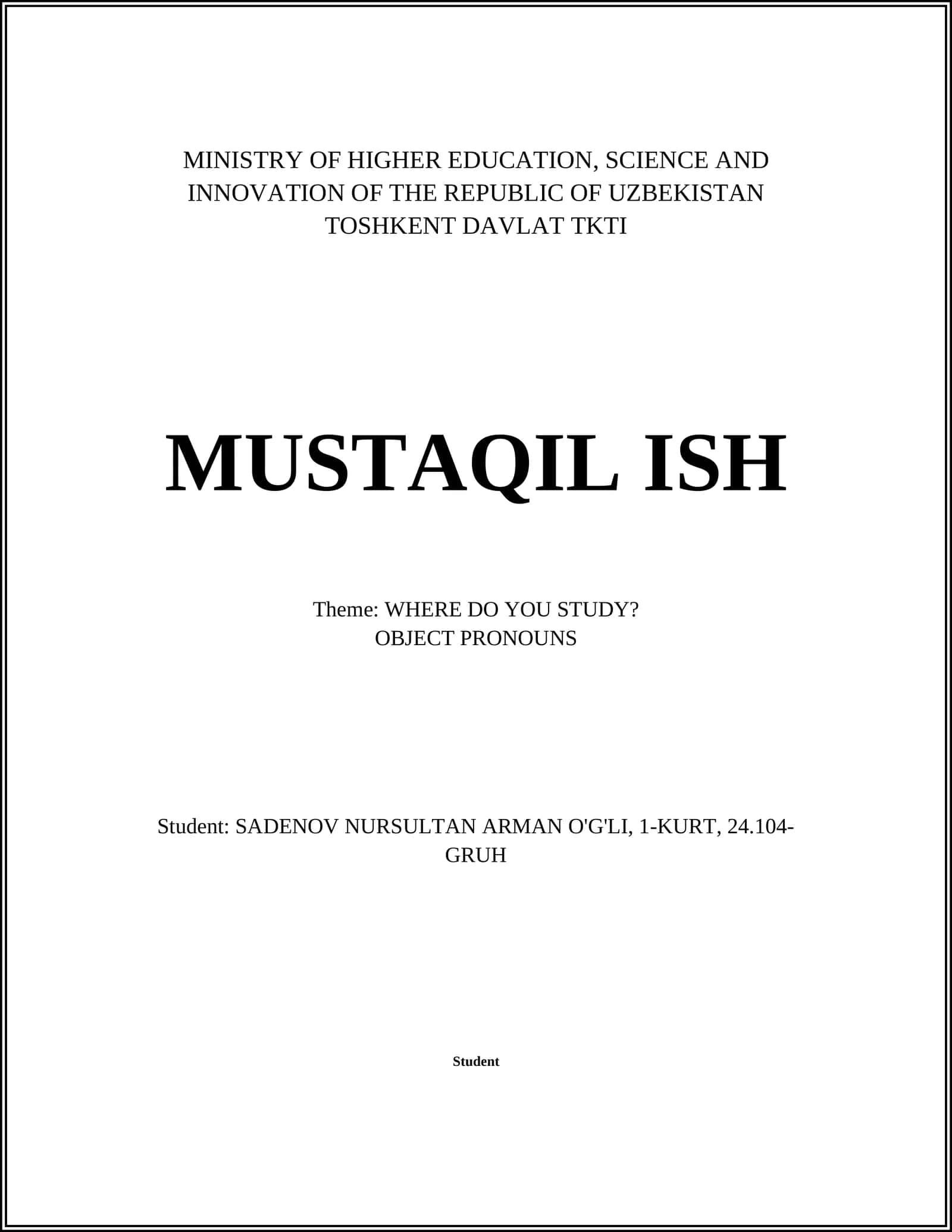 TOSHKENT DAVLAT TKTI MUSTAQIL ISH 1
